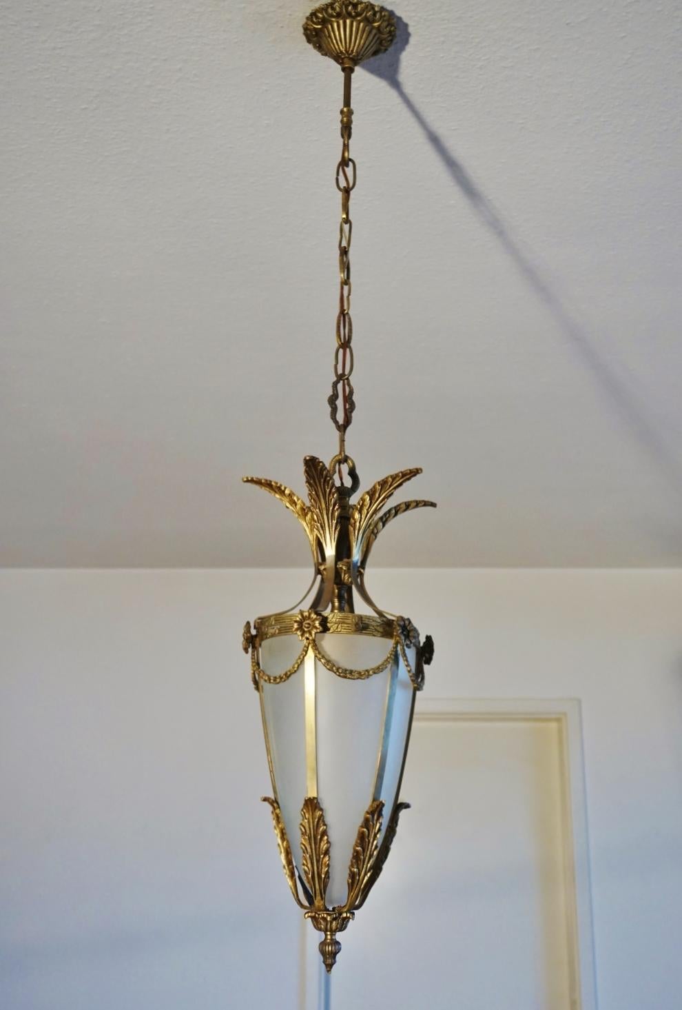 20th Century Pair of Italian Art Deco Gilt Bronze Fronted Glass Lanterns, 1920s