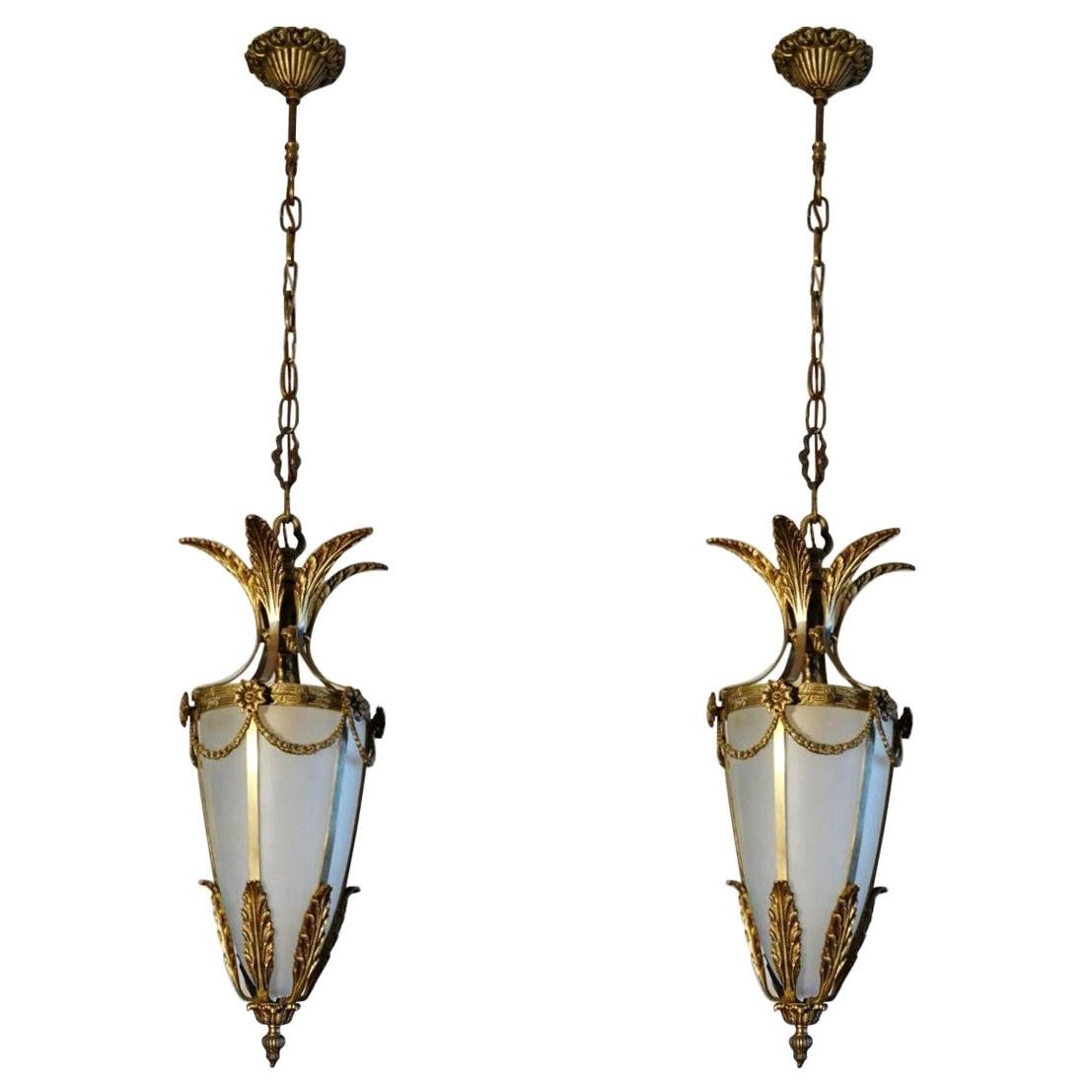 Pair of Italian Art Deco Gilt Bronze Fronted Glass Lanterns
