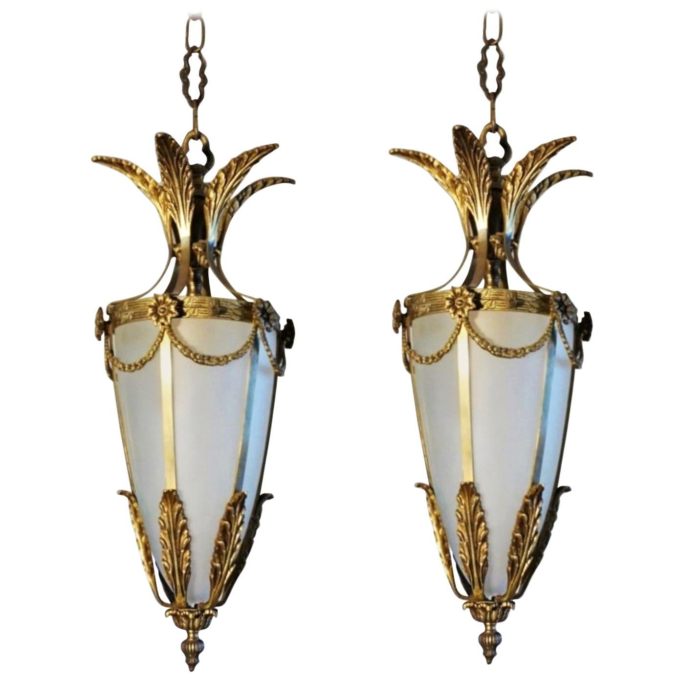 Pair of Italian Art Deco Gilt Bronze Fronted Glass Lanterns, 1920s