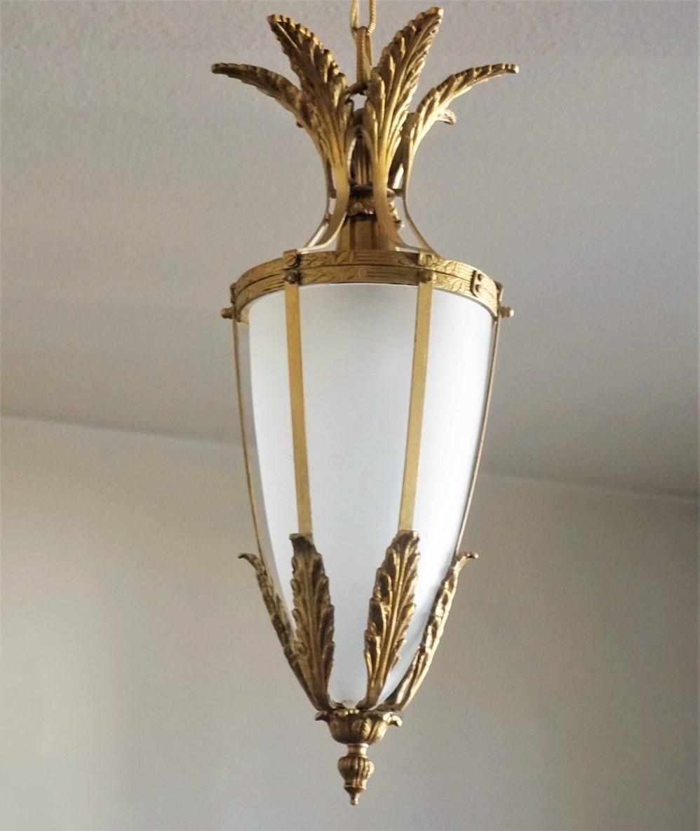 Brass Pair of Italian Art Deco Gilt Bronze Satin Glass Lanterns, 1930s