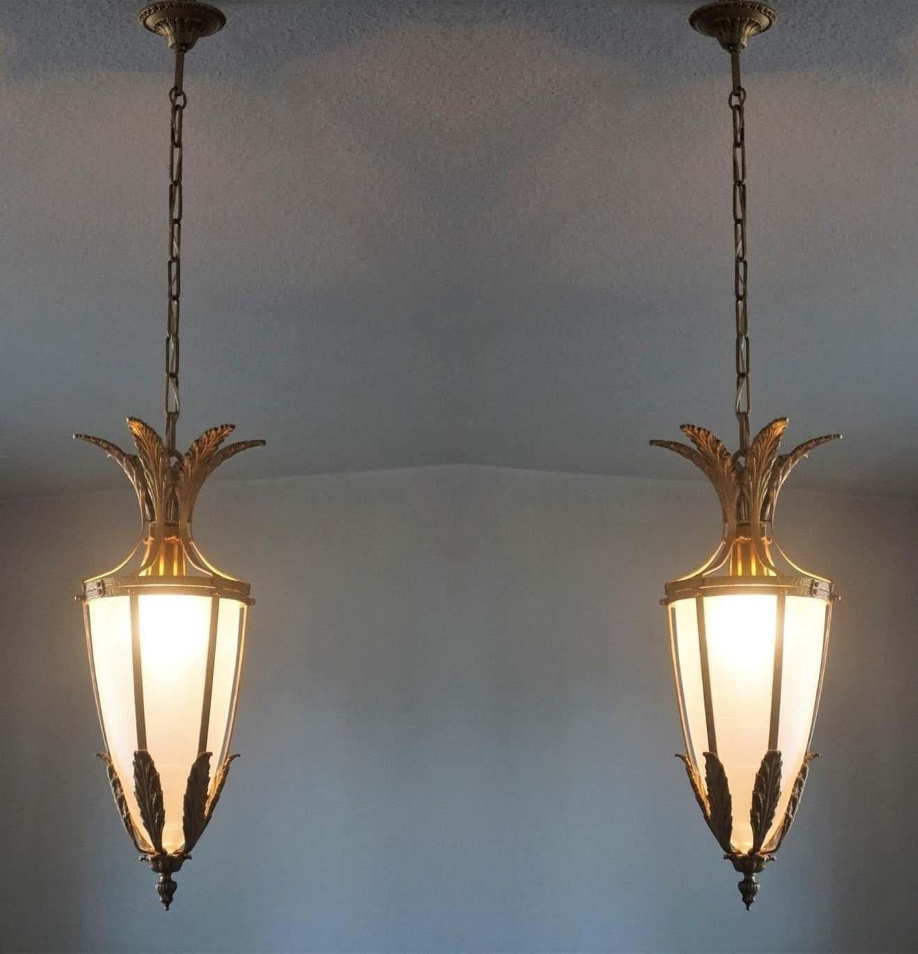 Pair of Italian Art Deco Gilt Bronze Satin Glass Lanterns, 1930s 2