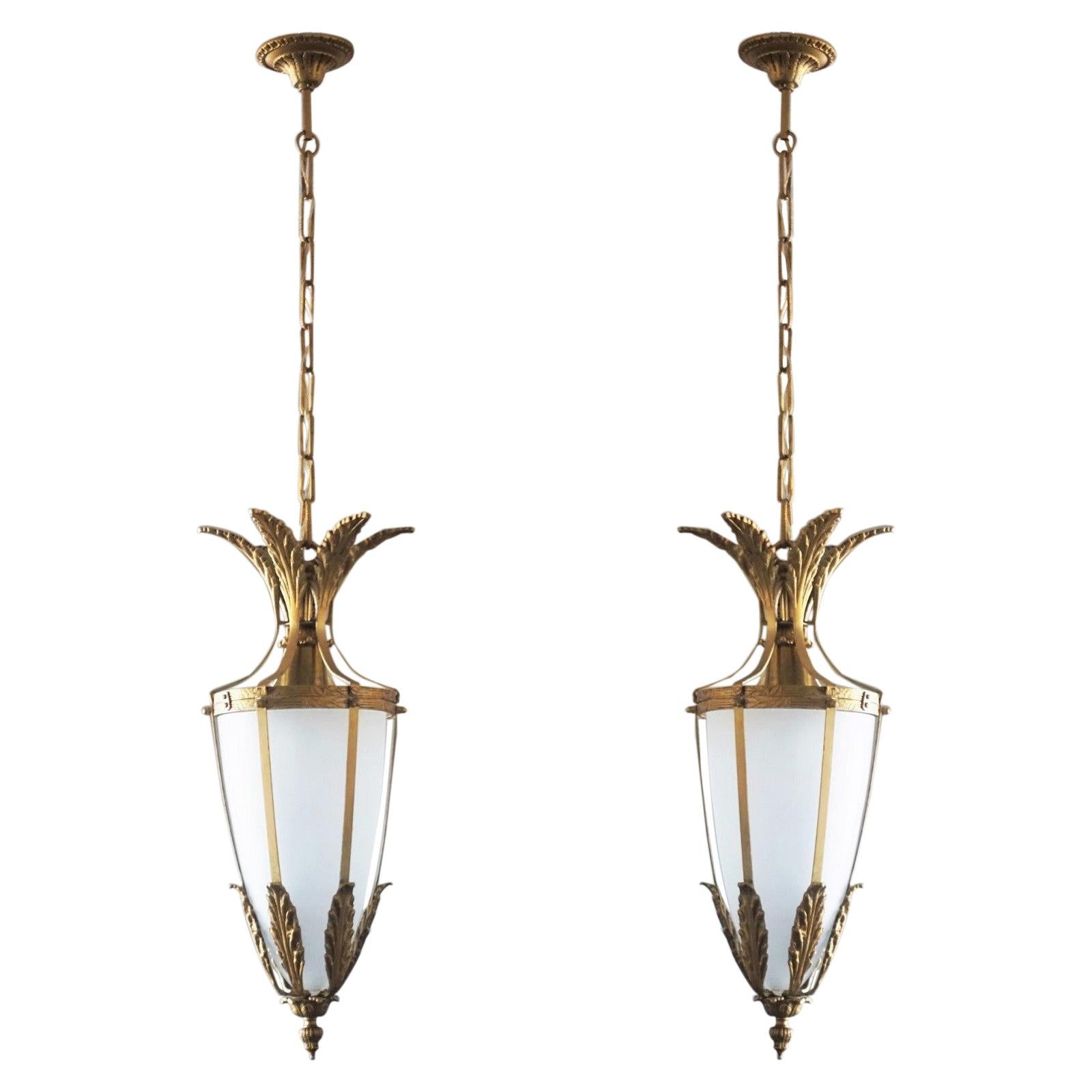 Pair of Italian Art Deco Gilt Bronze Satin Glass Lanterns, 1930s