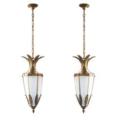 Pair of Italian Art Deco Gilt Bronze Satin Glass Lanterns, 1930s