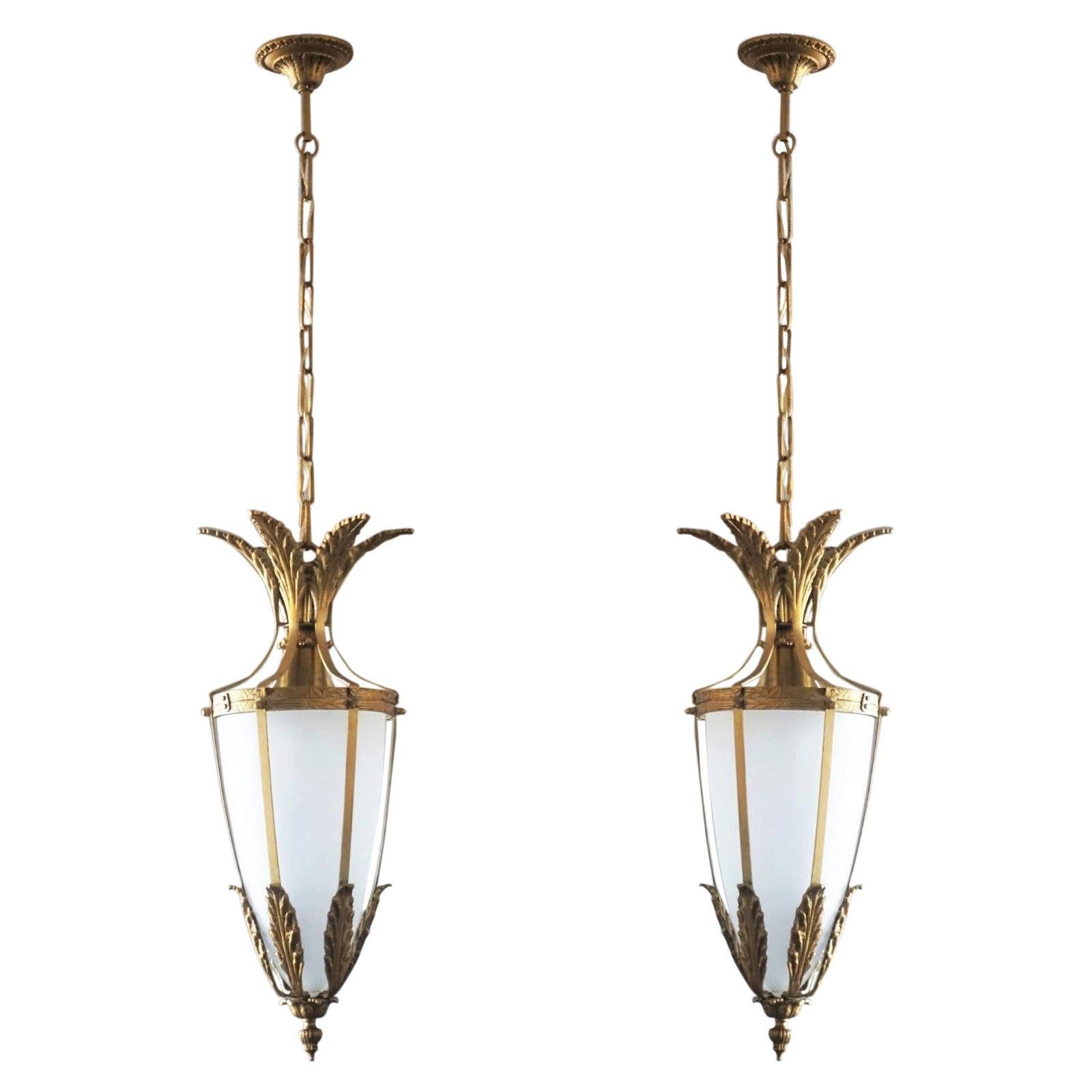 Pair of Italian Art Deco Gilt Bronze Satin Glass Lanterns, 1930s