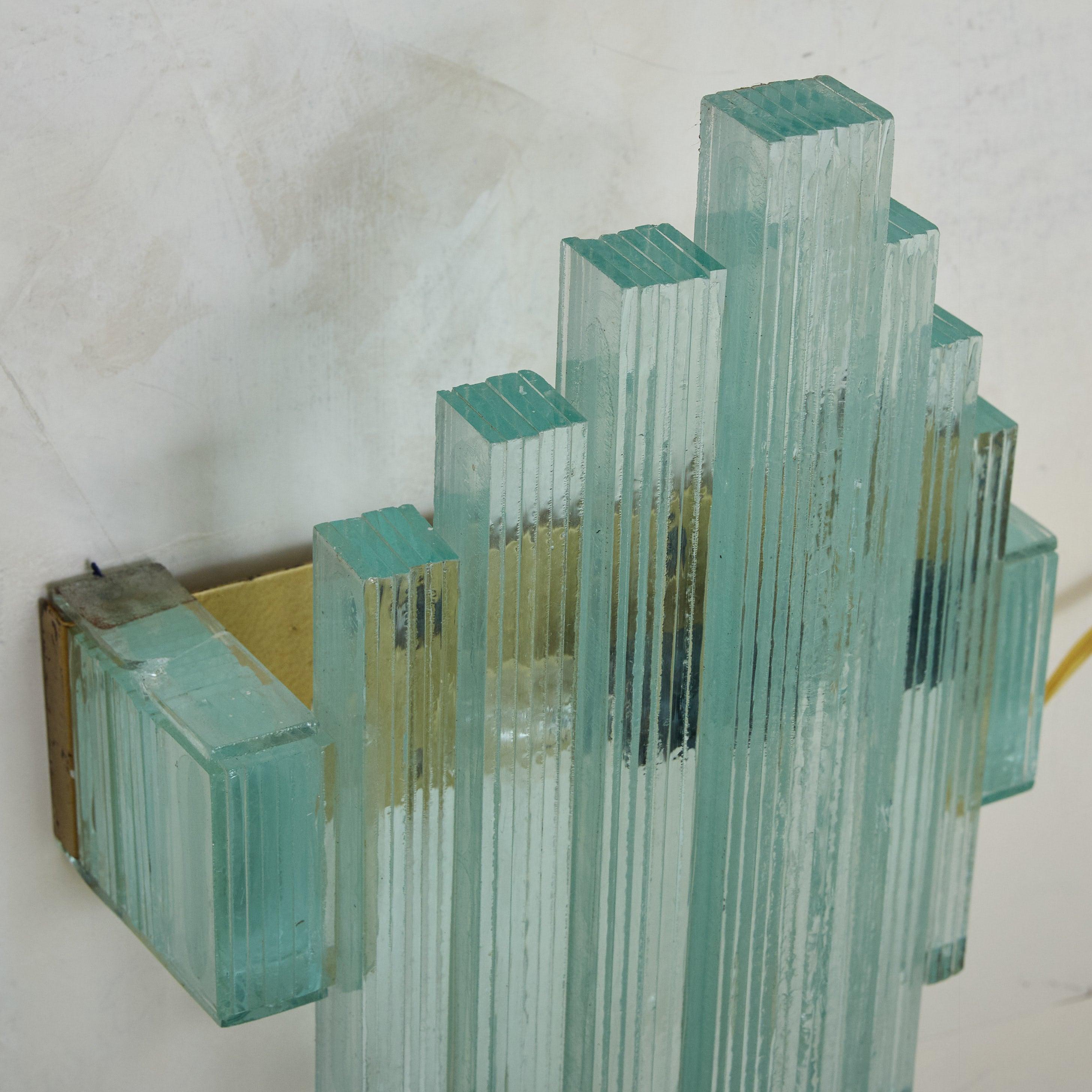 Brass Pair of Italian Art Deco Green Glass Sconces, 1960s For Sale