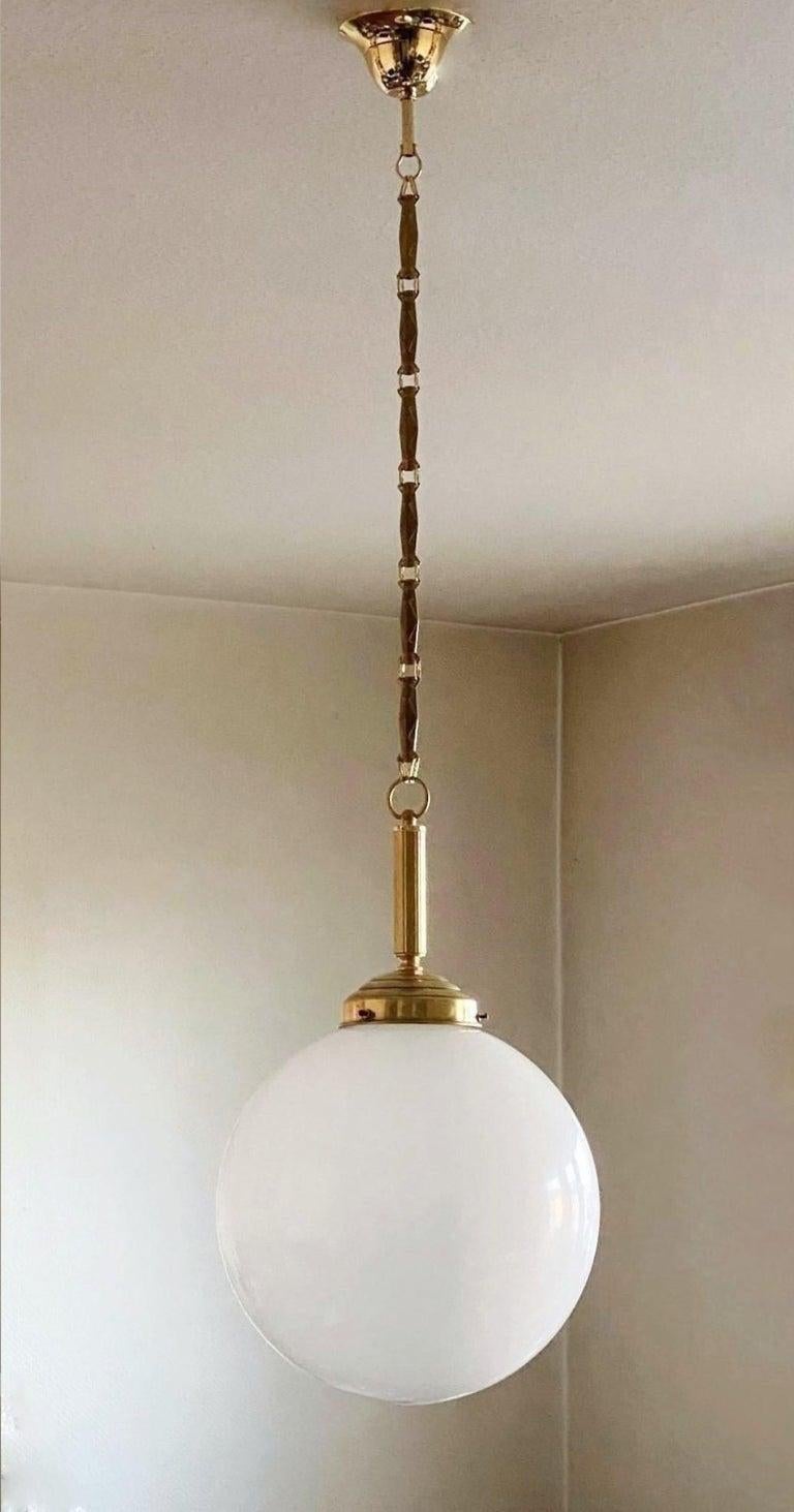 Art Déco Pair of Italian Art Deco Hand Blown Opaline Glass Brass Pendants, 1940s in vendita