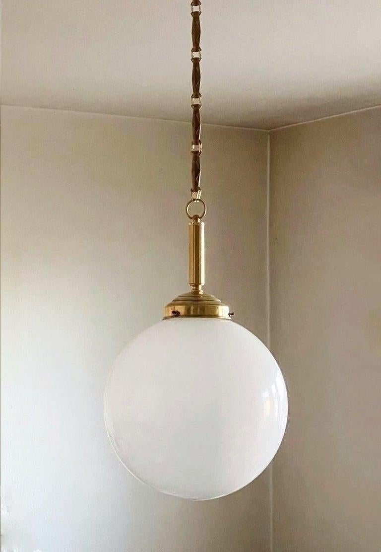 20th Century Pair of Italian Art Deco Hand Blown Opaline Glass Brass Pendants, 1940s