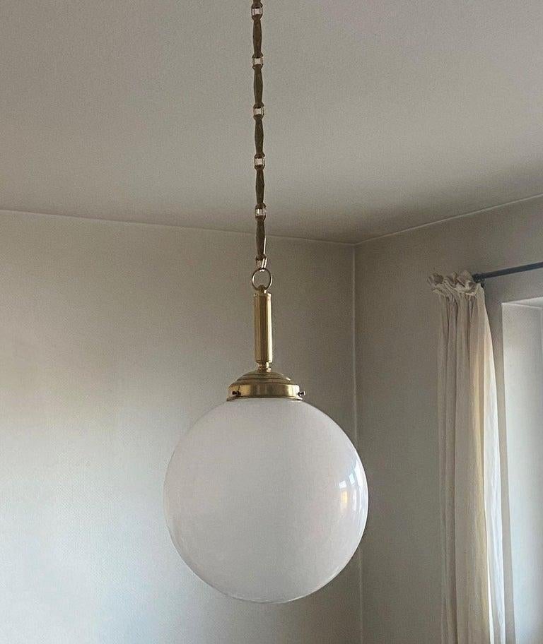 Italiano Pair of Italian Art Deco Hand Blown Opaline Glass Brass Pendants, 1940s in vendita