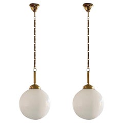 Pair of Italian Art Deco Hand Blown Opaline Glass Brass Pendants, 1940s