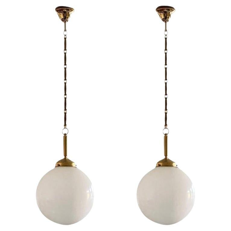 Pair of Italian Art Deco Hand Blown Opaline Glass Brass Pendants, 1940s