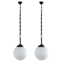 Pair of Italian Art Deco Hand Blown Opaline Glass Pendants, 1930-1939