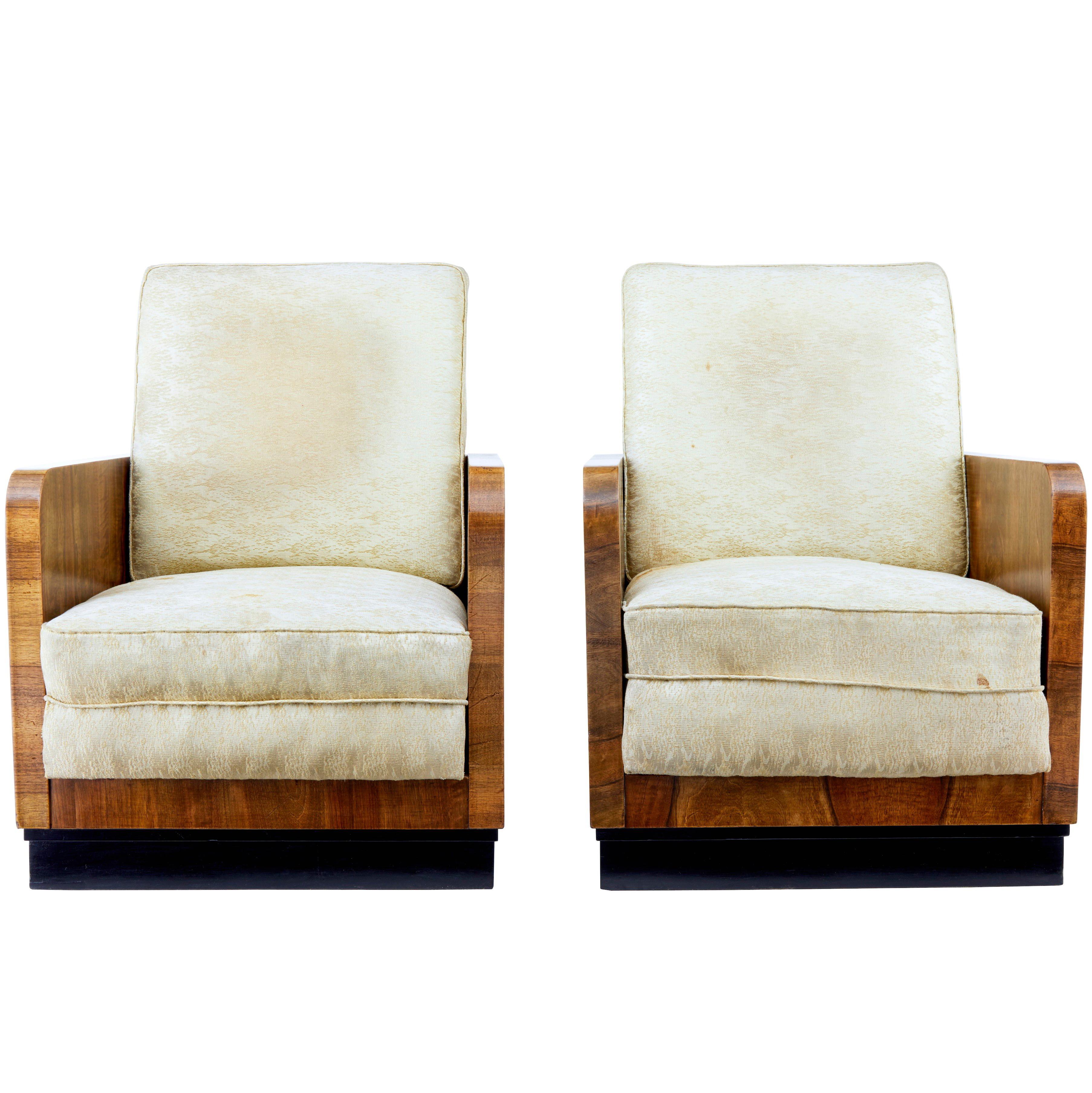 Pair of Italian Art Deco Inspired Walnut Armchairs