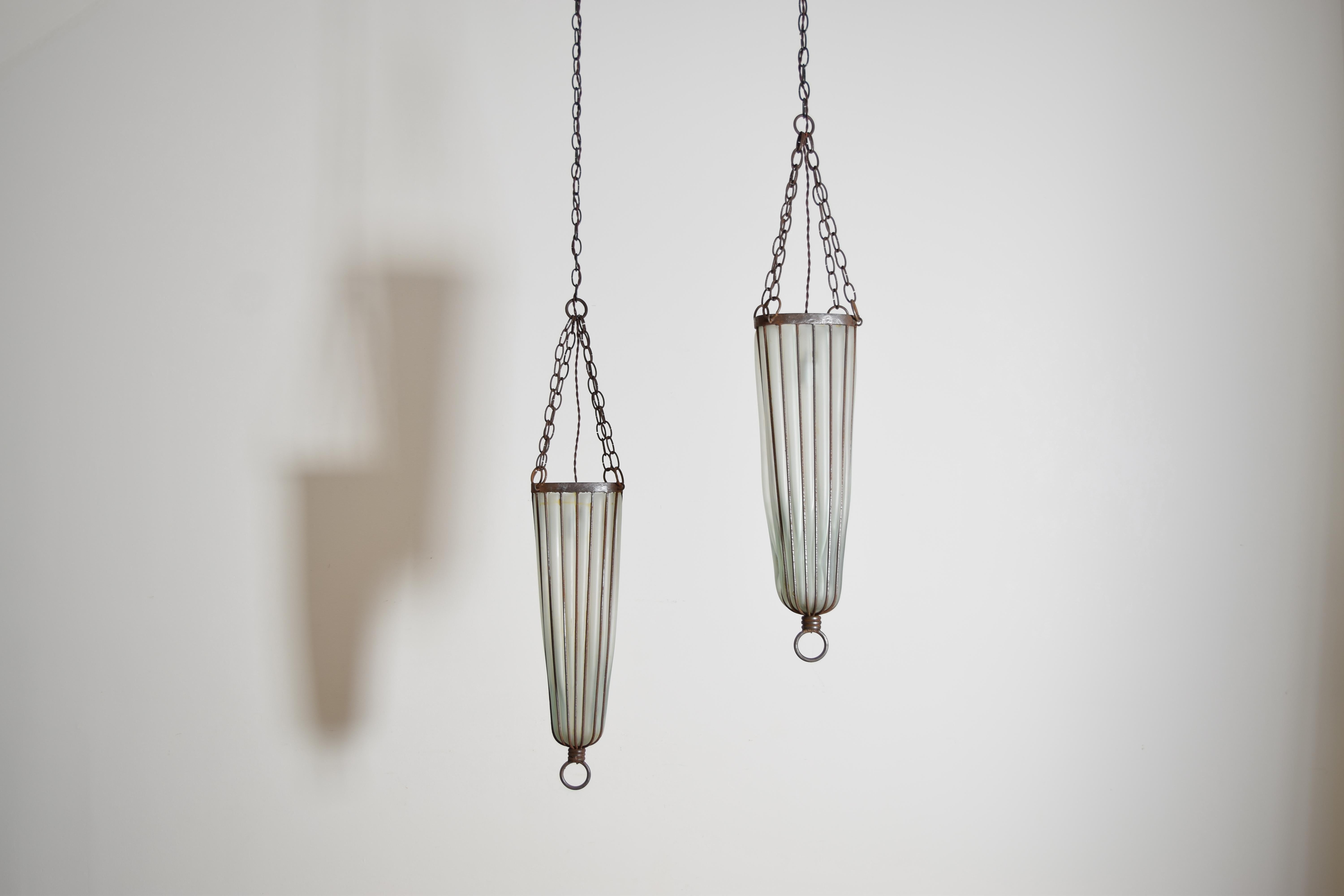 Pair of Italian Art Deco Iron and Blown Glass Pendants/Lanterns, circa 1935 In Good Condition In Atlanta, GA