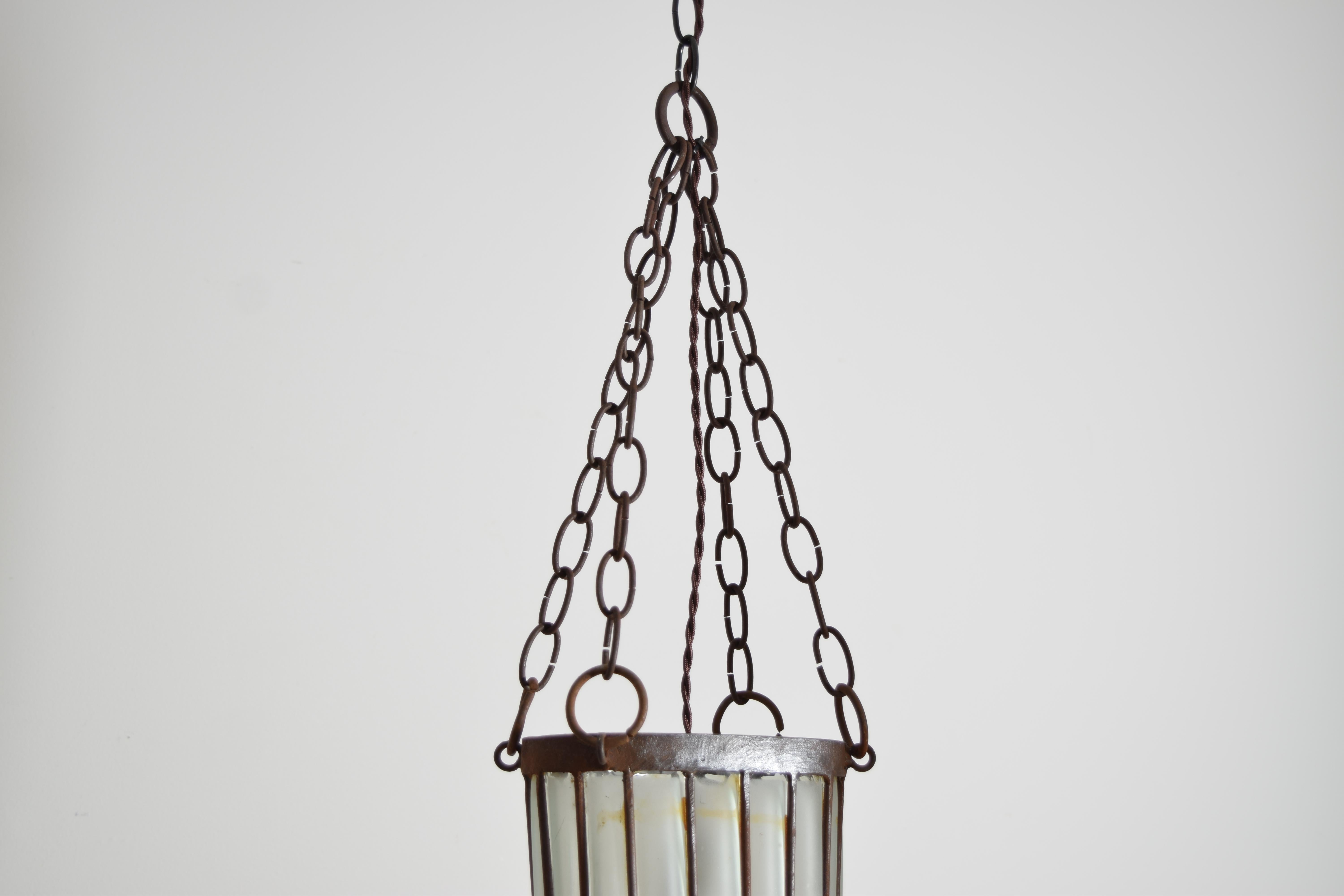 Mid-20th Century Pair of Italian Art Deco Iron and Blown Glass Pendants/Lanterns, circa 1935