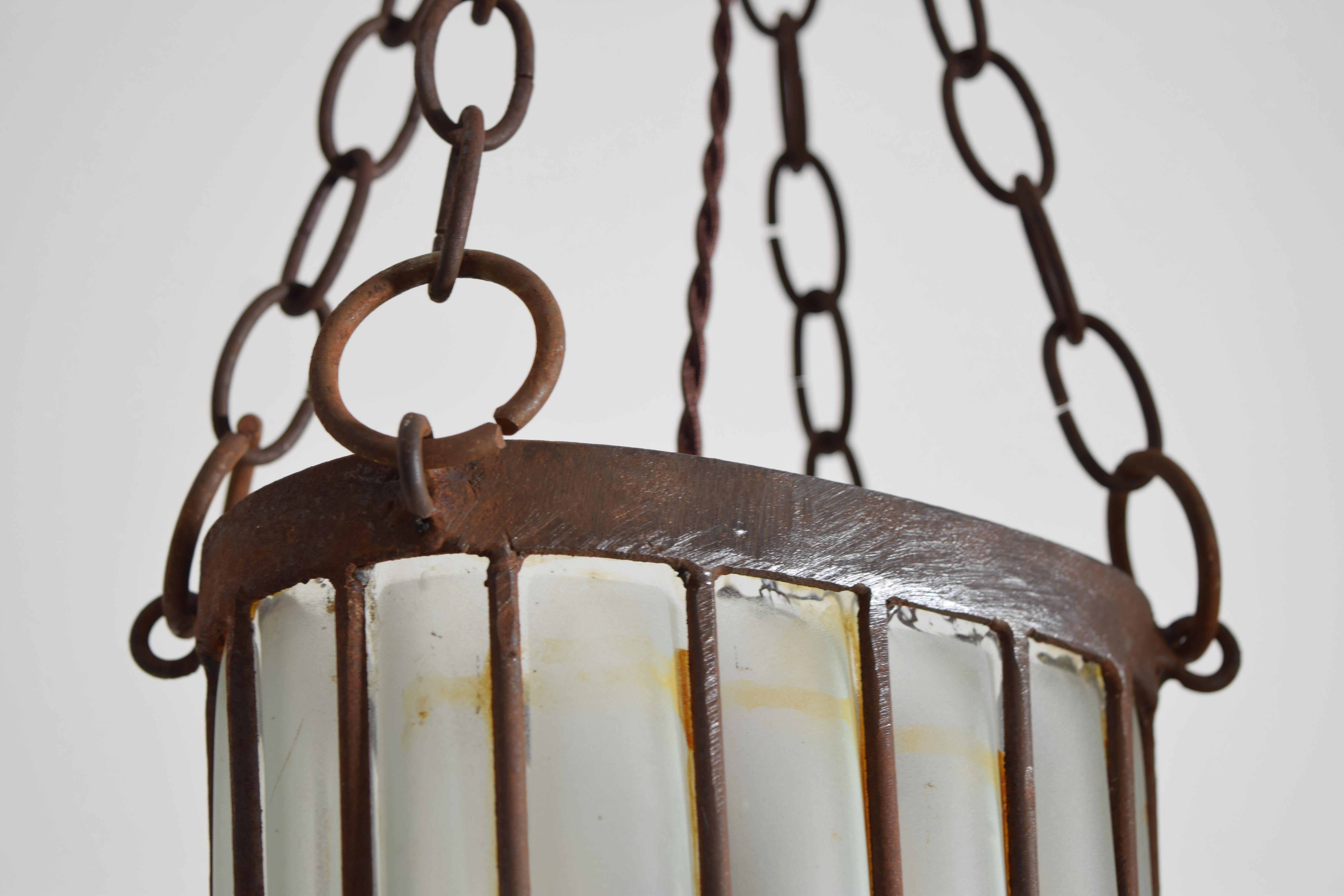 Pair of Italian Art Deco Iron and Blown Glass Pendants/Lanterns, circa 1935 1