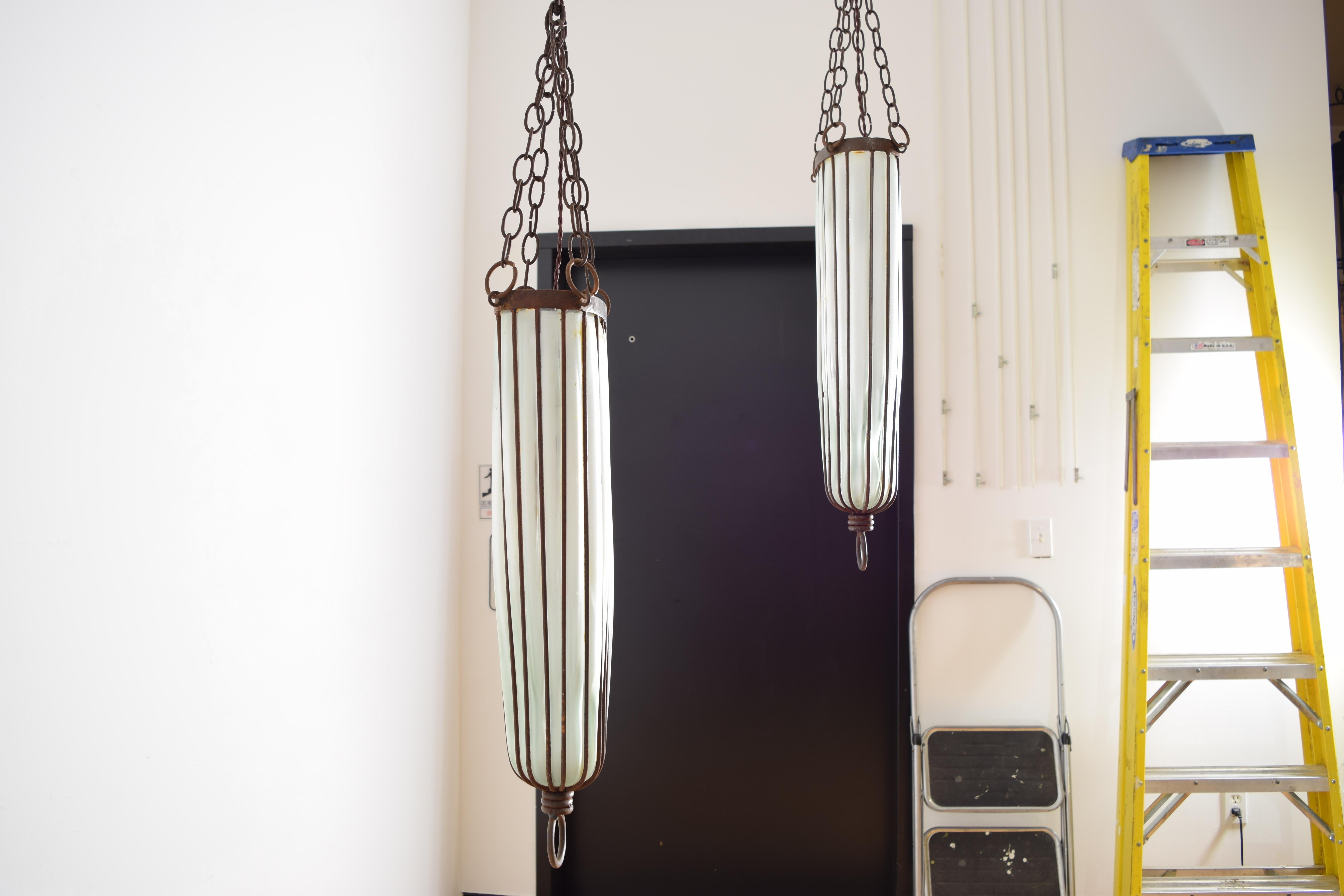 Pair of Italian Art Deco Iron and Blown Glass Pendants/Lanterns, circa 1935 3