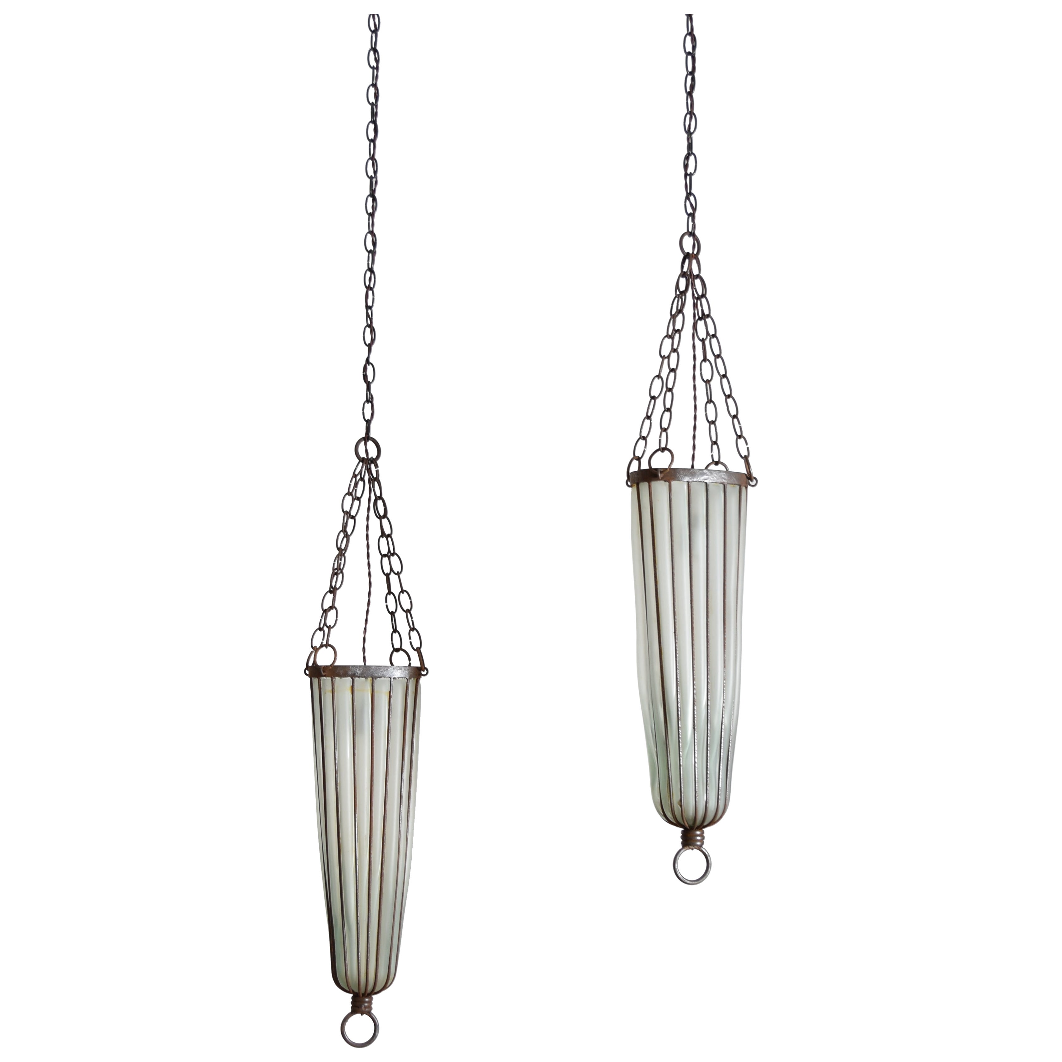 Pair of Italian Art Deco Iron and Blown Glass Pendants/Lanterns, circa 1935