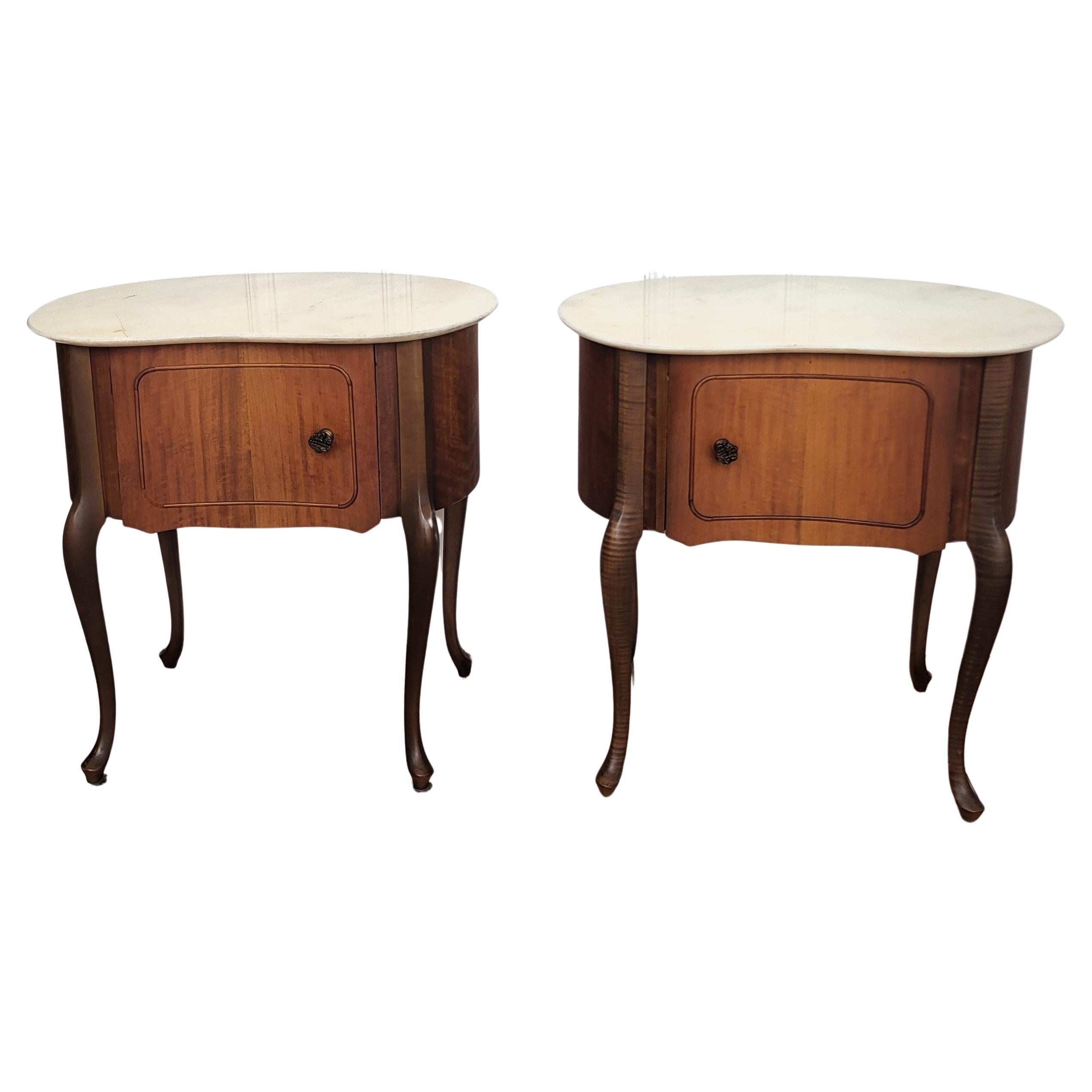 Pair of Italian Art Deco Kidney Shaped Night Stands Bedside Tables Marble Top For Sale