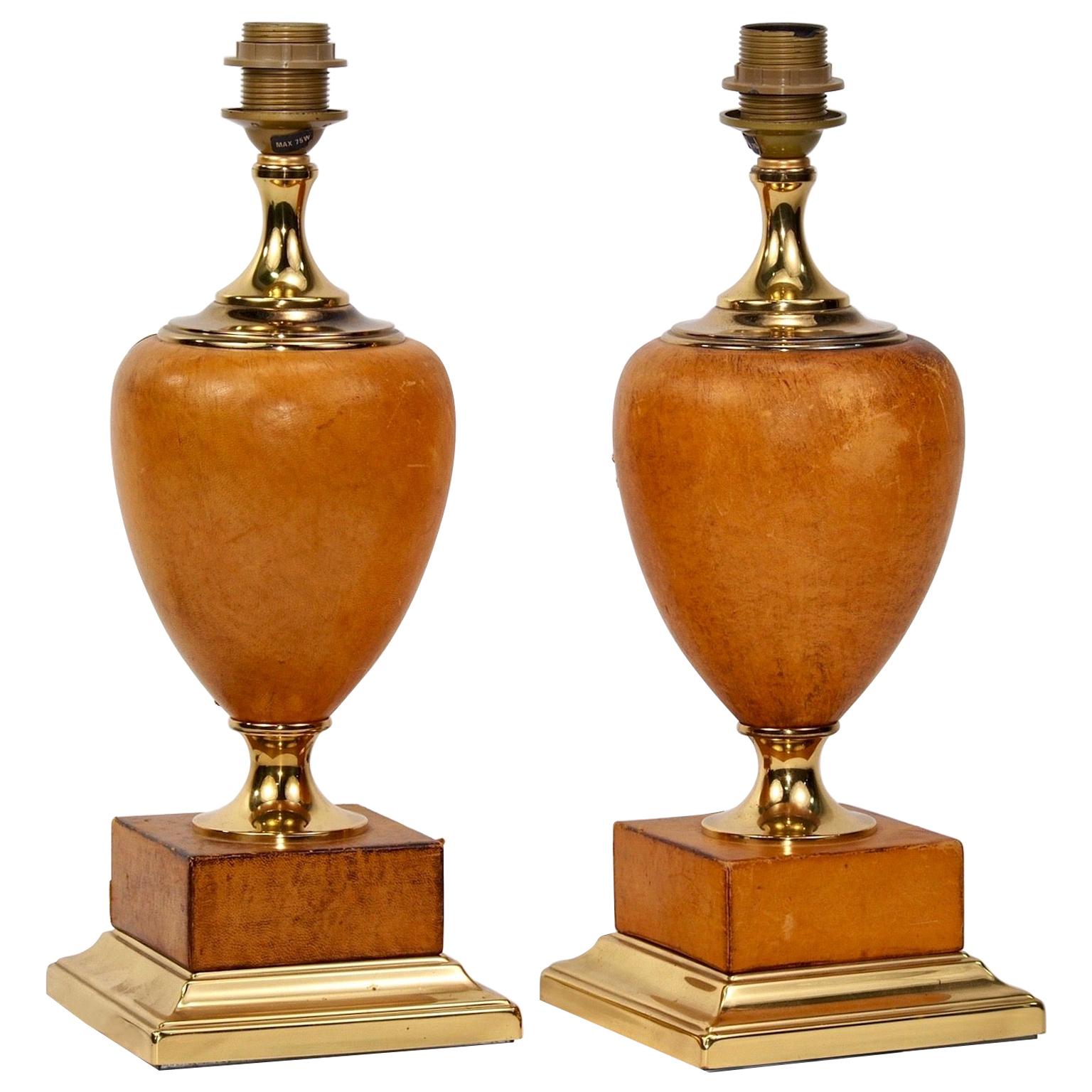 Pair of Italian Art Deco Leather and Brass Lamps