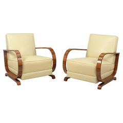 Pair of Italian Art Deco Leather and Walnut Armchairs