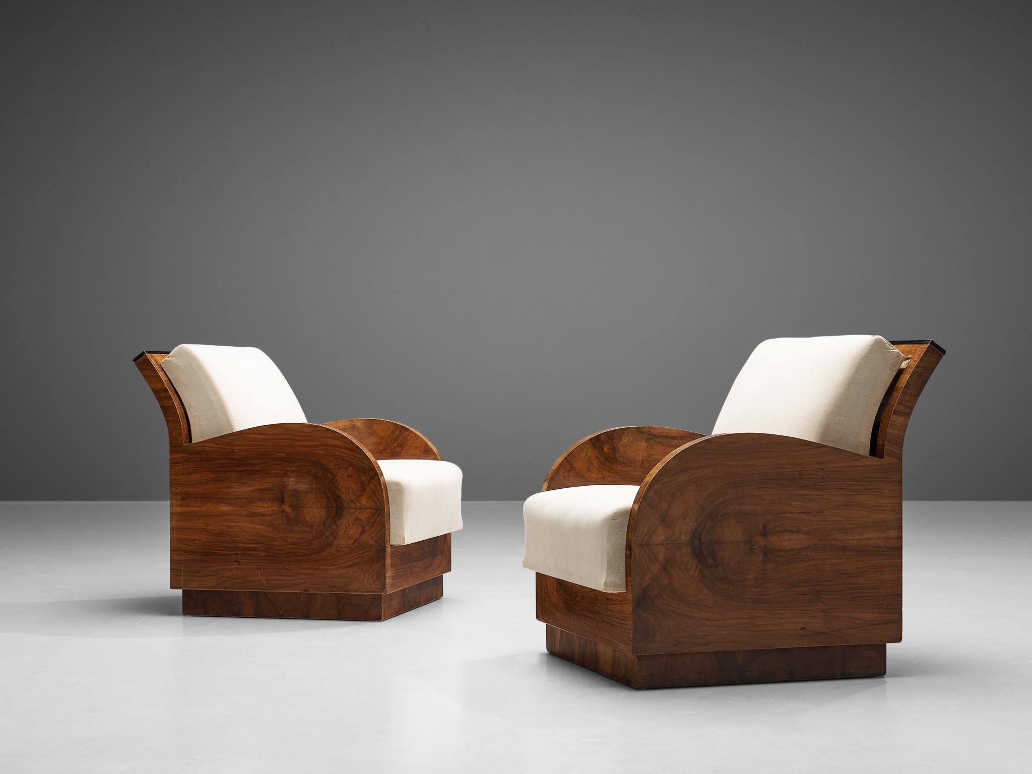 Mid-20th Century Pair of Italian Art Deco Lounge Chairs in Walnut
