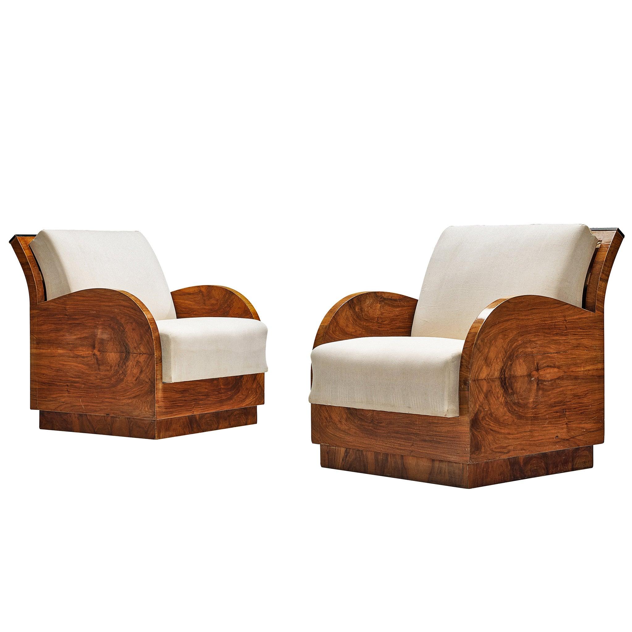 Pair of Italian Art Deco Lounge Chairs in Walnut