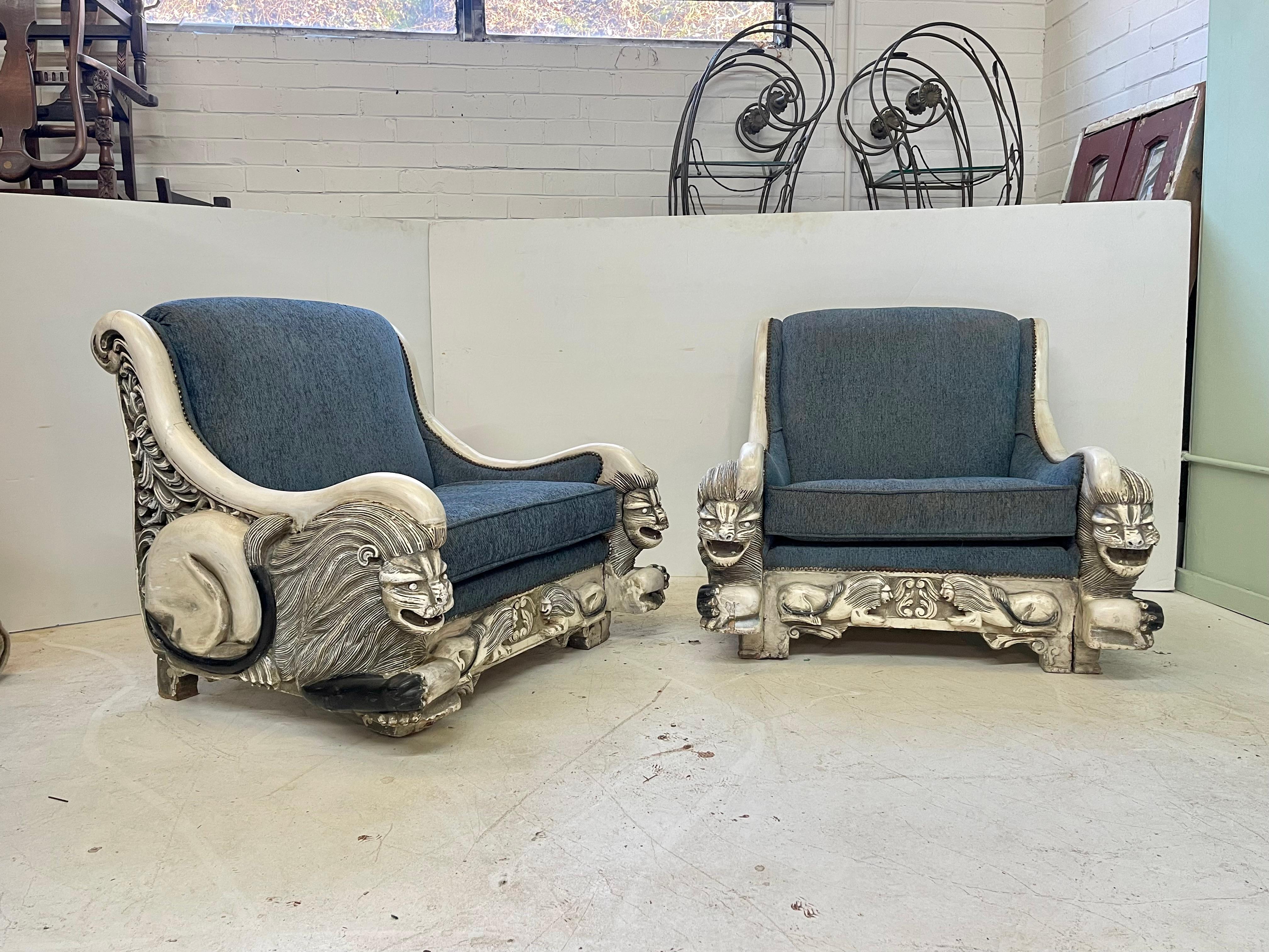 Pair of Italian Art Deco Lounge Chairs with Lion Carved Arms 7