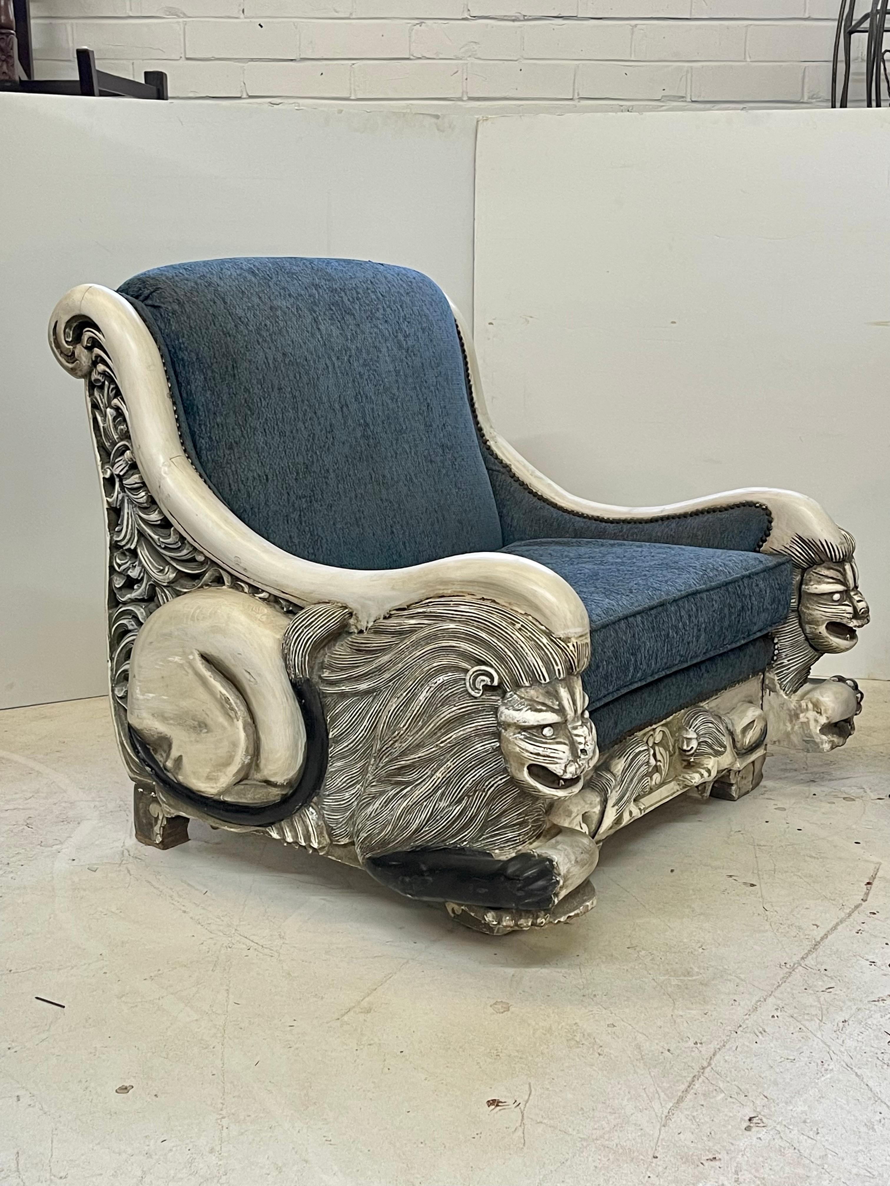 Pair of Italian Art Deco Lounge Chairs with Lion Carved Arms In Good Condition In Atlanta, GA