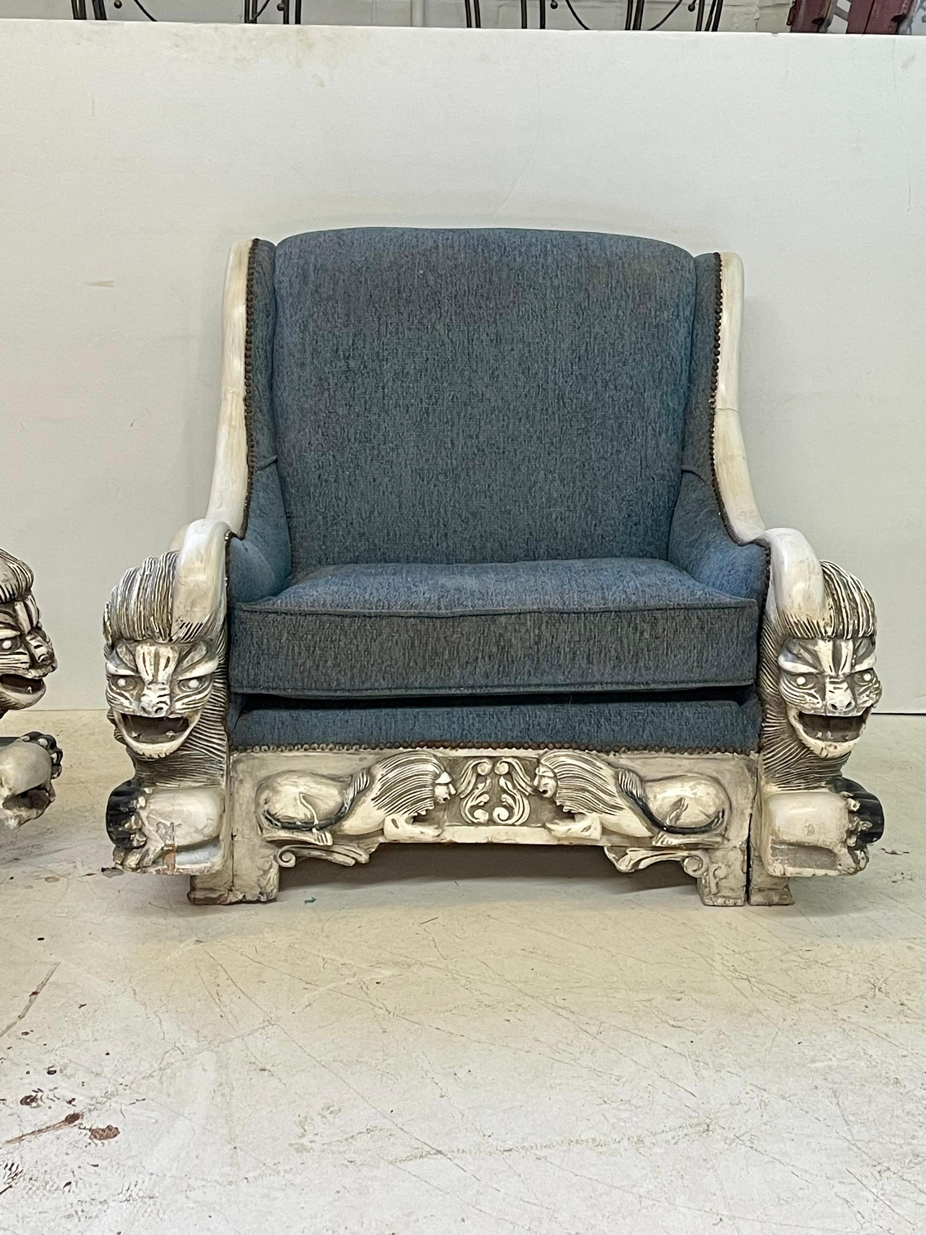 20th Century Pair of Italian Art Deco Lounge Chairs with Lion Carved Arms