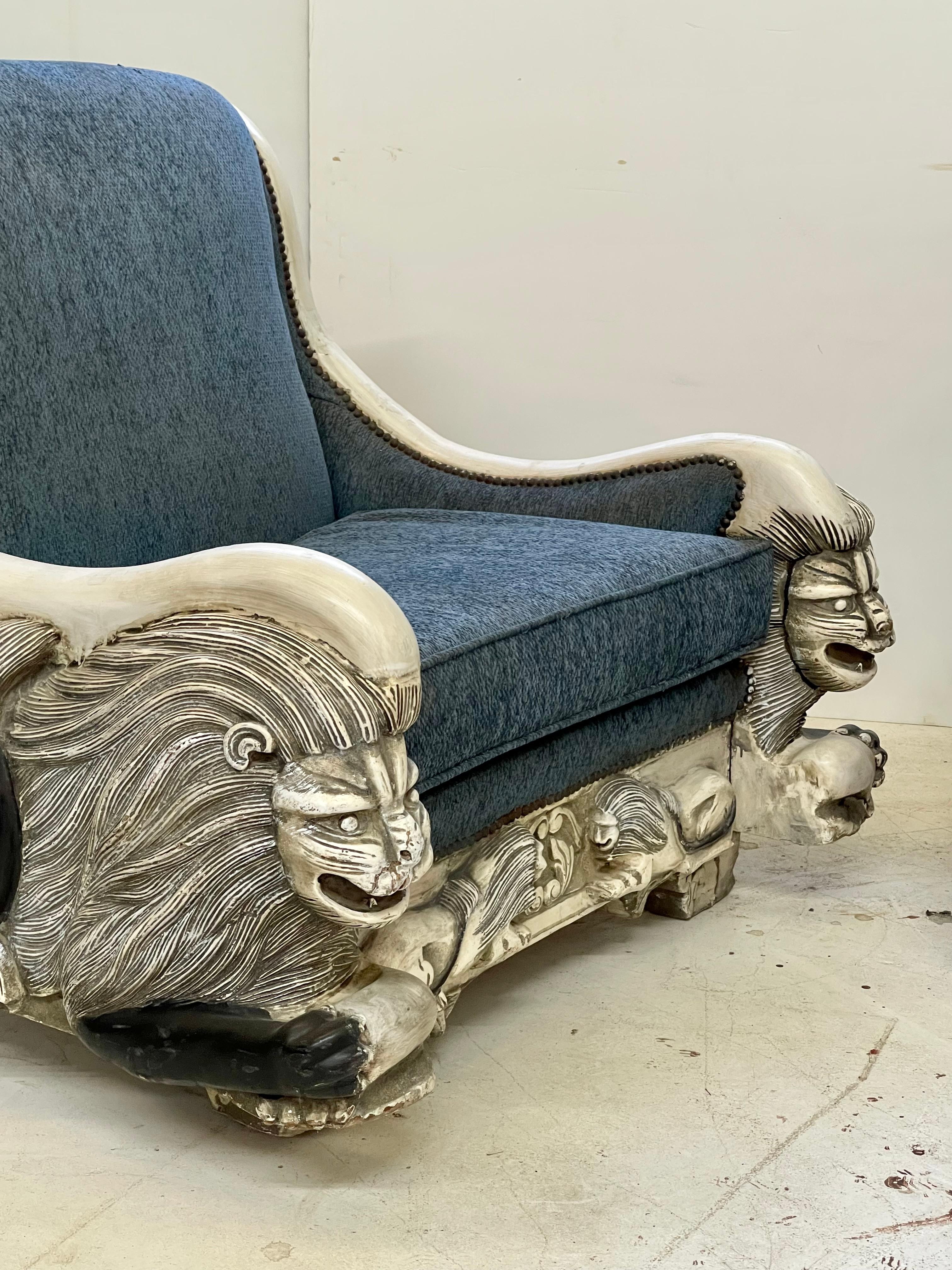 Upholstery Pair of Italian Art Deco Lounge Chairs with Lion Carved Arms