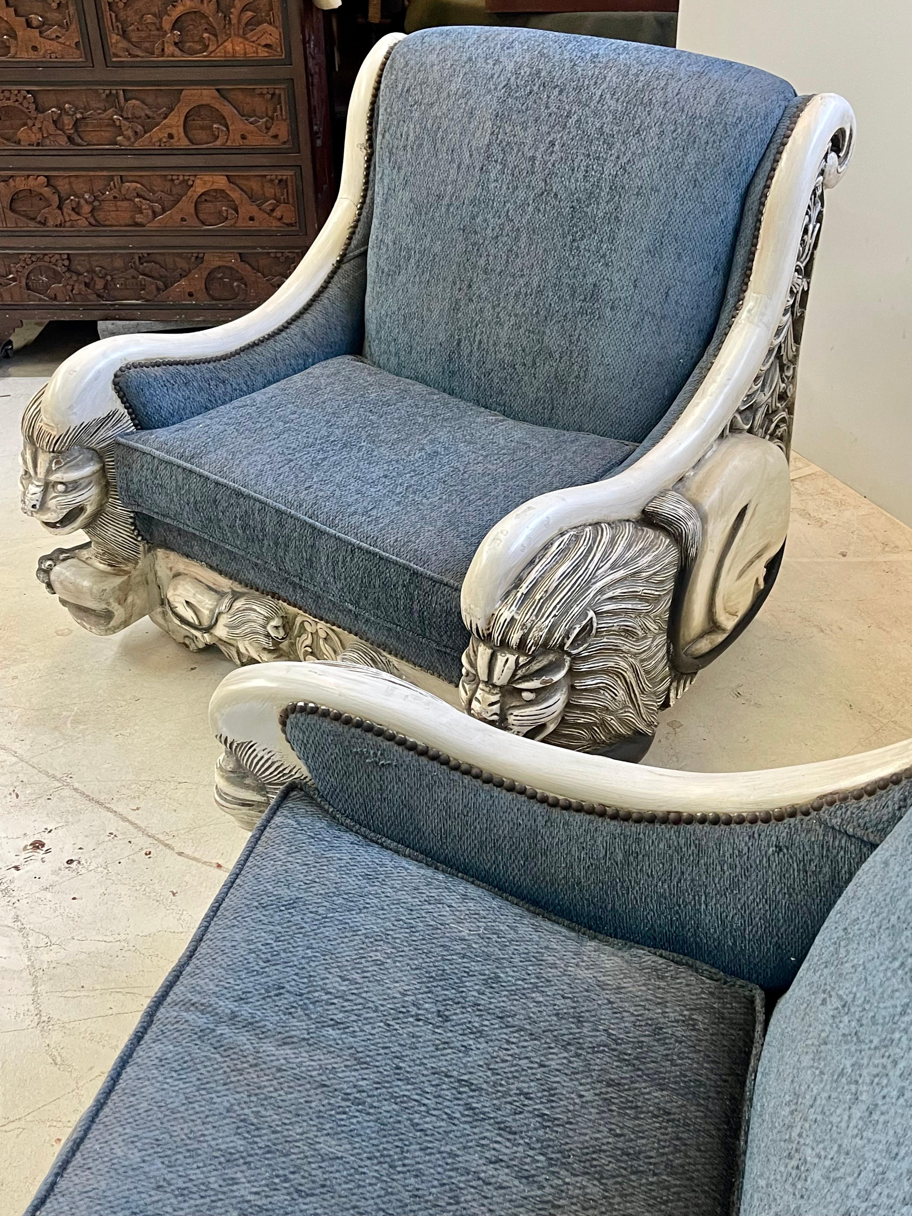 Pair of Italian Art Deco Lounge Chairs with Lion Carved Arms 2