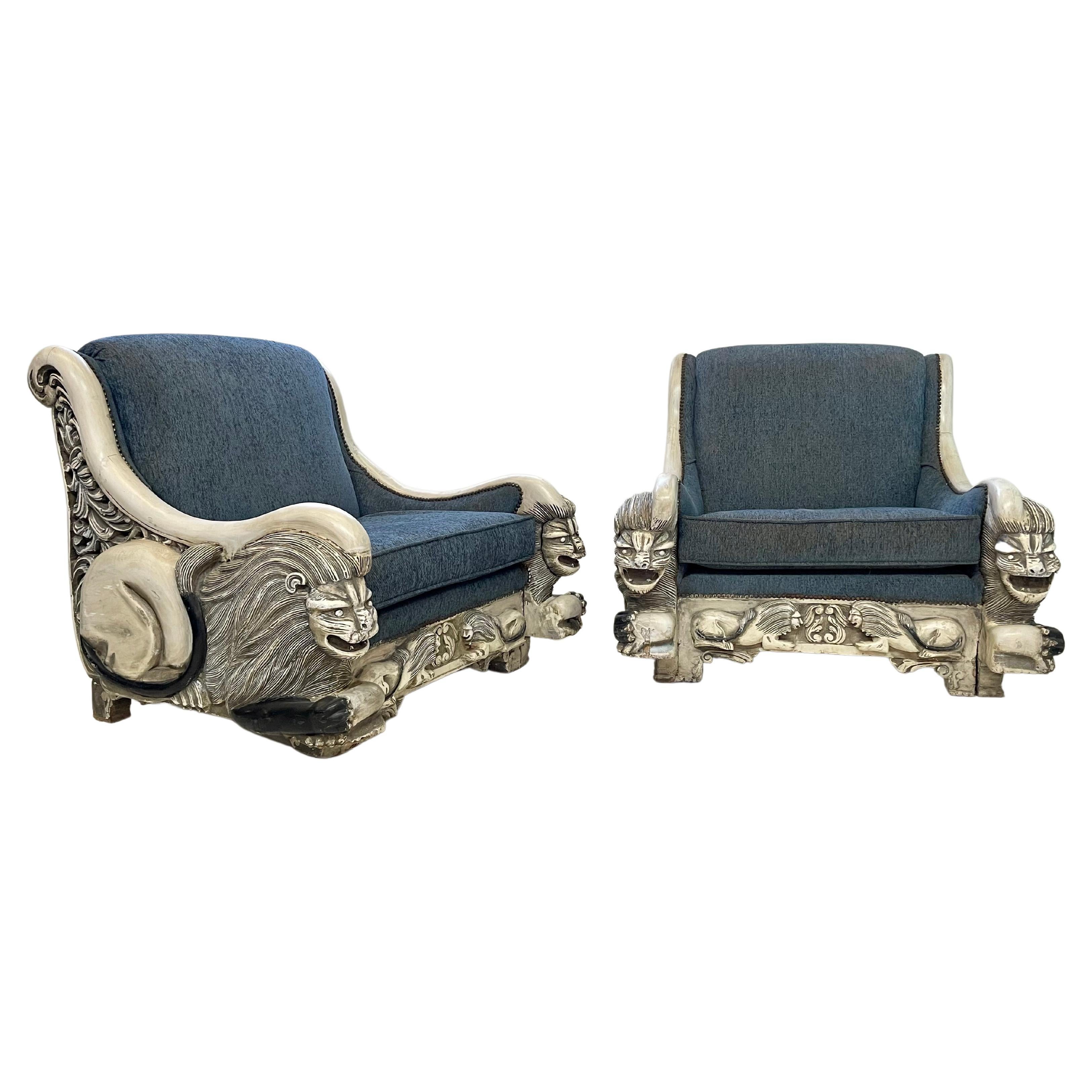 Pair of Italian Art Deco Lounge Chairs with Lion Carved Arms