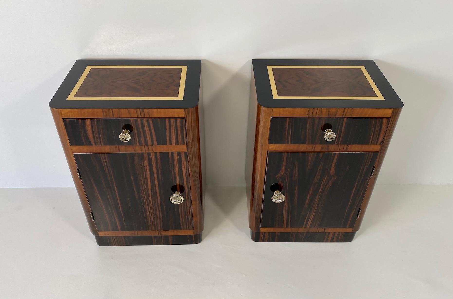 Pair Of Italian Art Deco Macassar, Walnut and Gold Leaf Nightstands, 1930s In Good Condition In Meda, MB