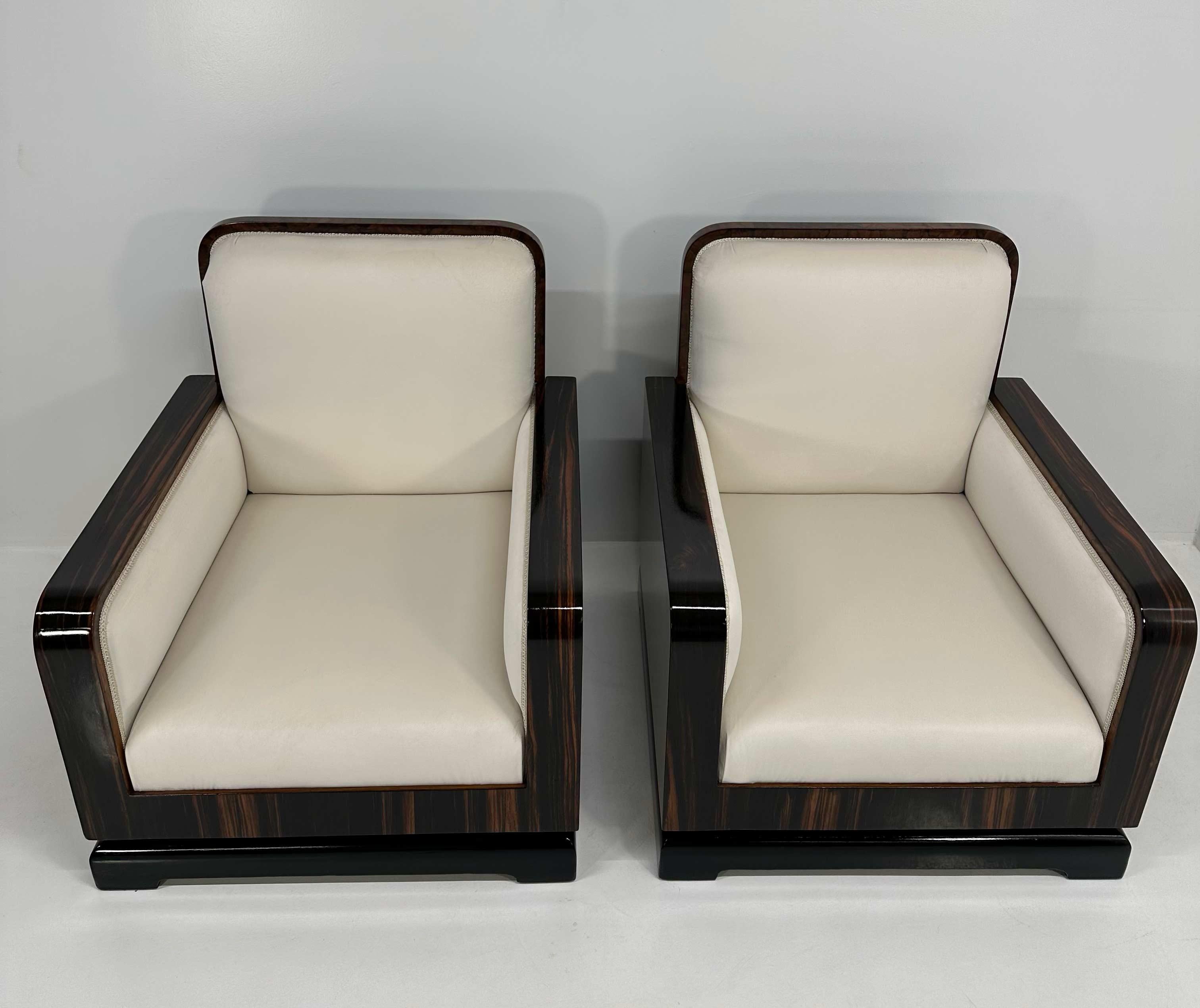 Paire de fauteuils Art Déco italiens en Macassar, Roots en noyer et velours crème, années 1930 Bon état - En vente à Meda, MB