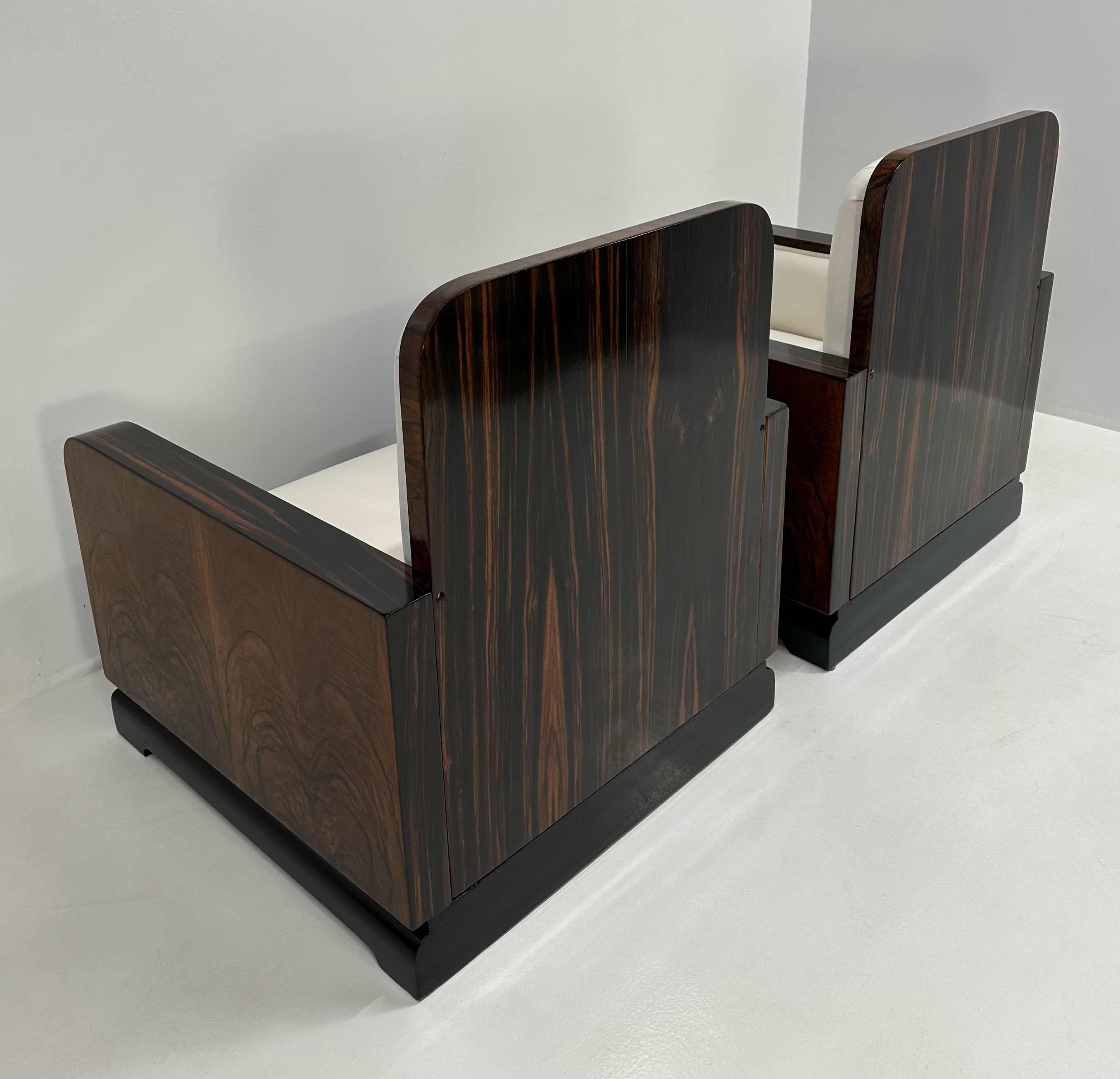 Paire de fauteuils Art Déco italiens en Macassar, Roots en noyer et velours crème, années 1930 en vente 6