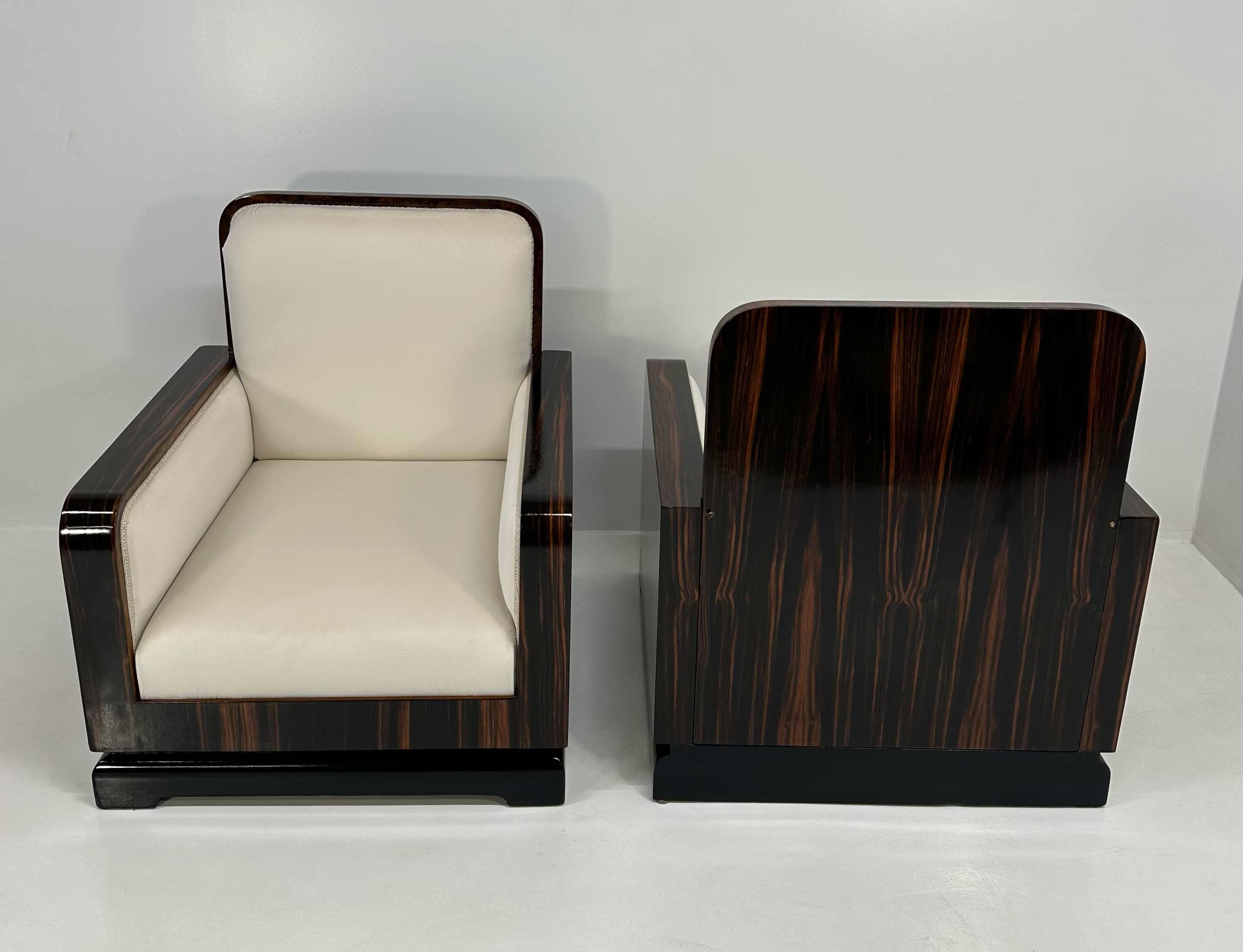 Paire de fauteuils Art Déco italiens en Macassar, Roots en noyer et velours crème, années 1930 en vente 7