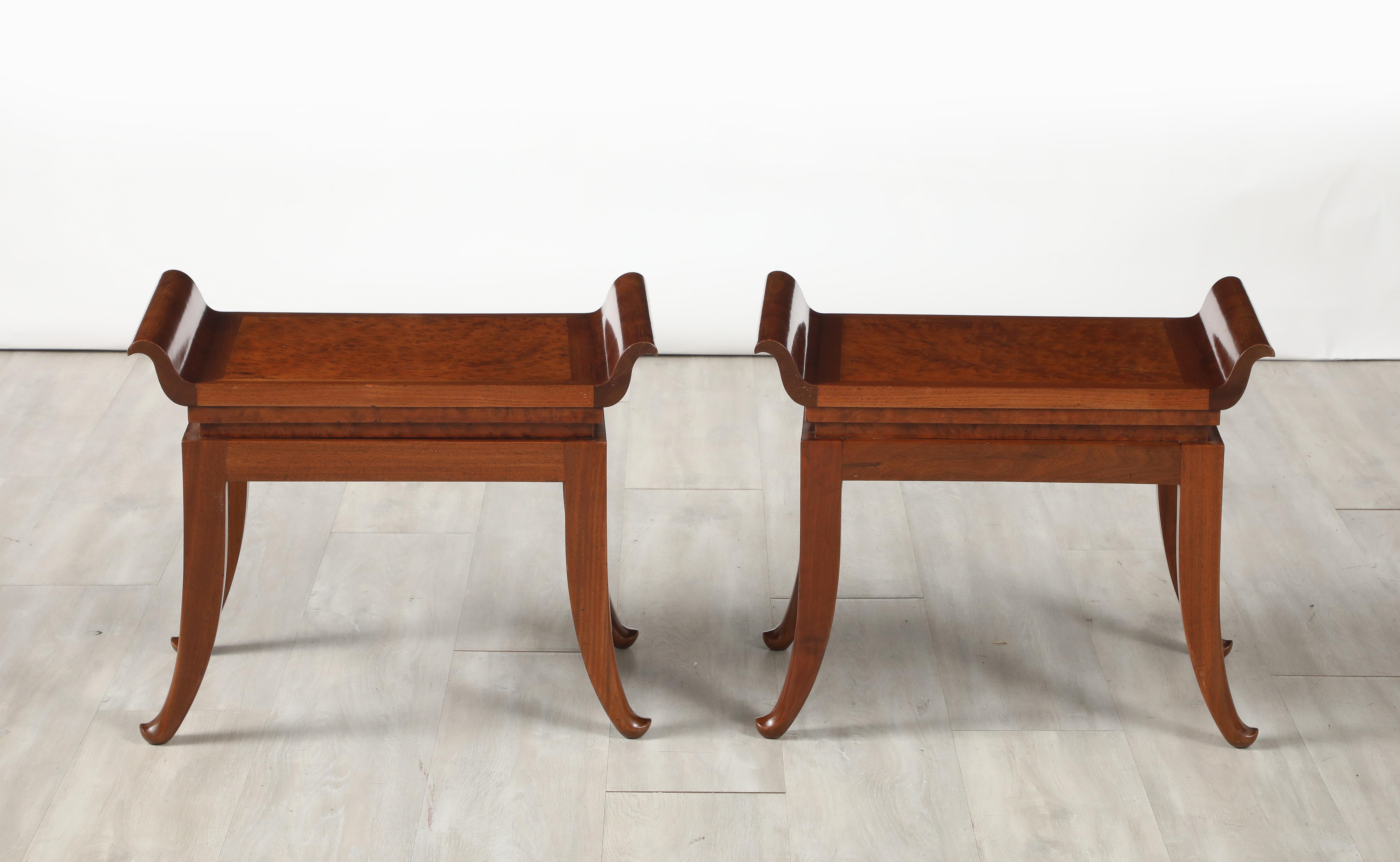 Hand-Carved Pair of Italian Art Deco Mahogany Stools, circa 1930 For Sale