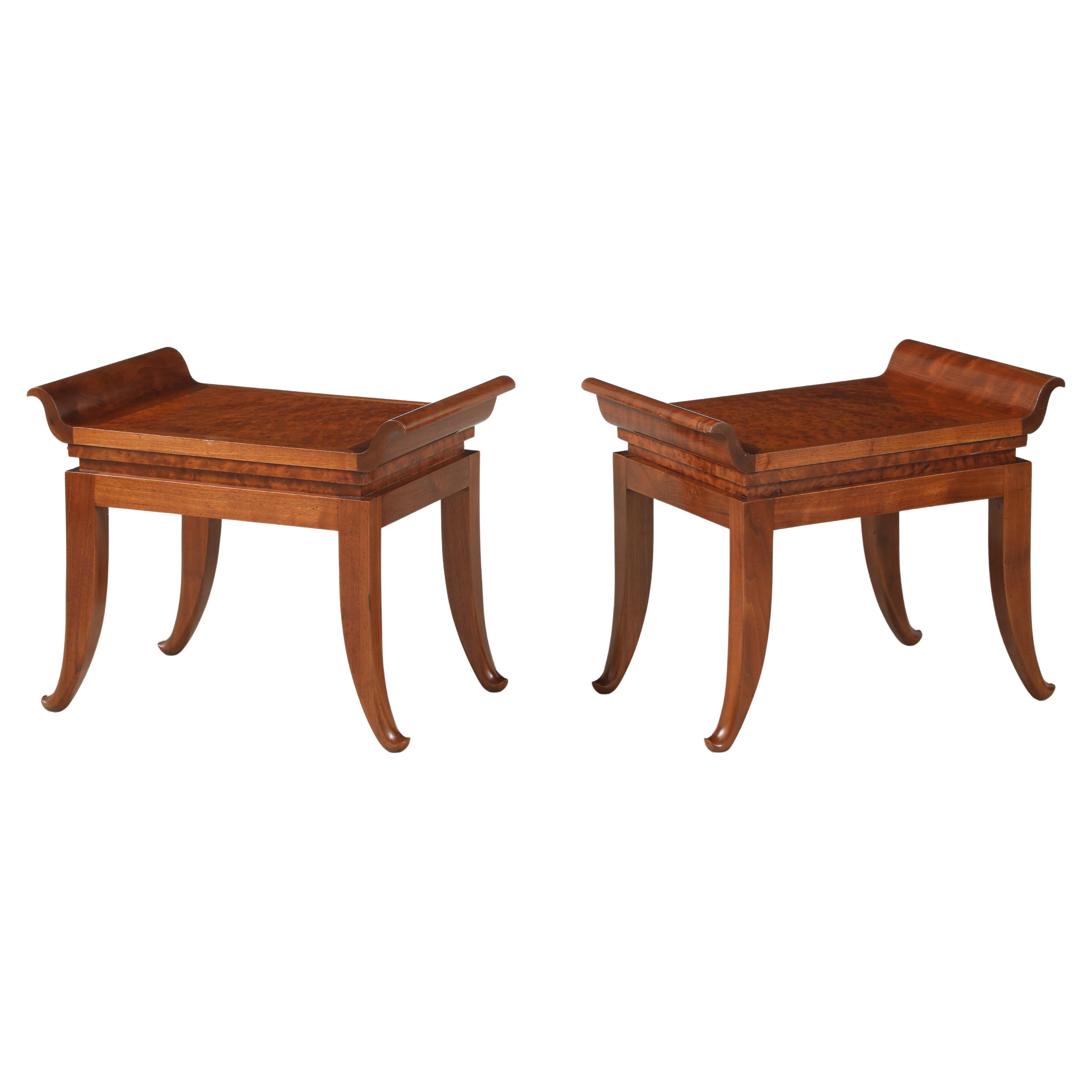 Pair of Italian Art Deco Mahogany Stools, circa 1930