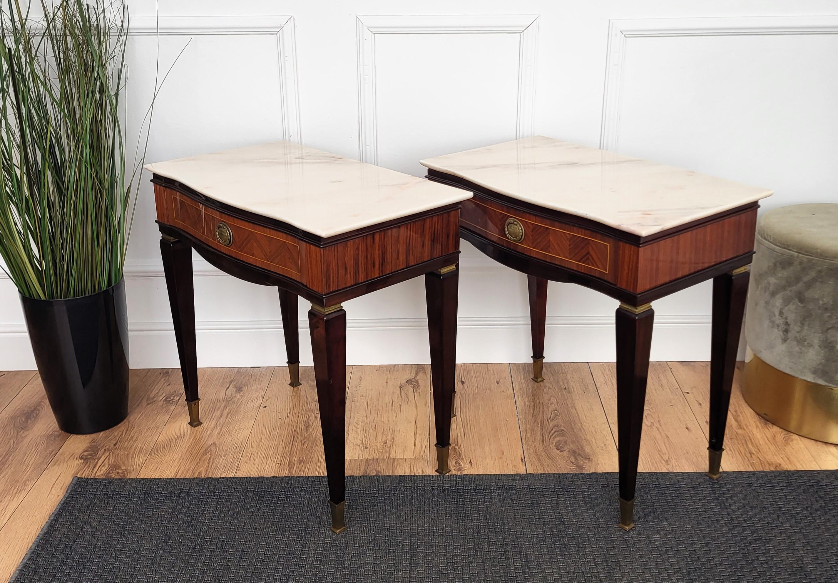 Pair of Italian Art Deco Marquetry Wood Marble Top Night Stands Bedside Tables 5