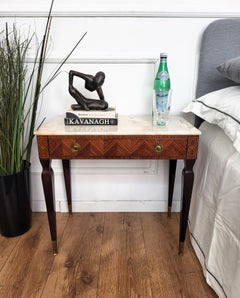 Pair of Italian Art Deco Marquetry Wood Marble Top Night Stands Bedside Tables