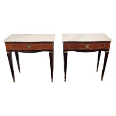 Pair of Italian Art Deco Marquetry Wood Marble Top Night Stands Bedside Tables