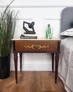 Pair of Italian Art Deco Marquetry Wood Marble Top Night Stands Bedside Tables