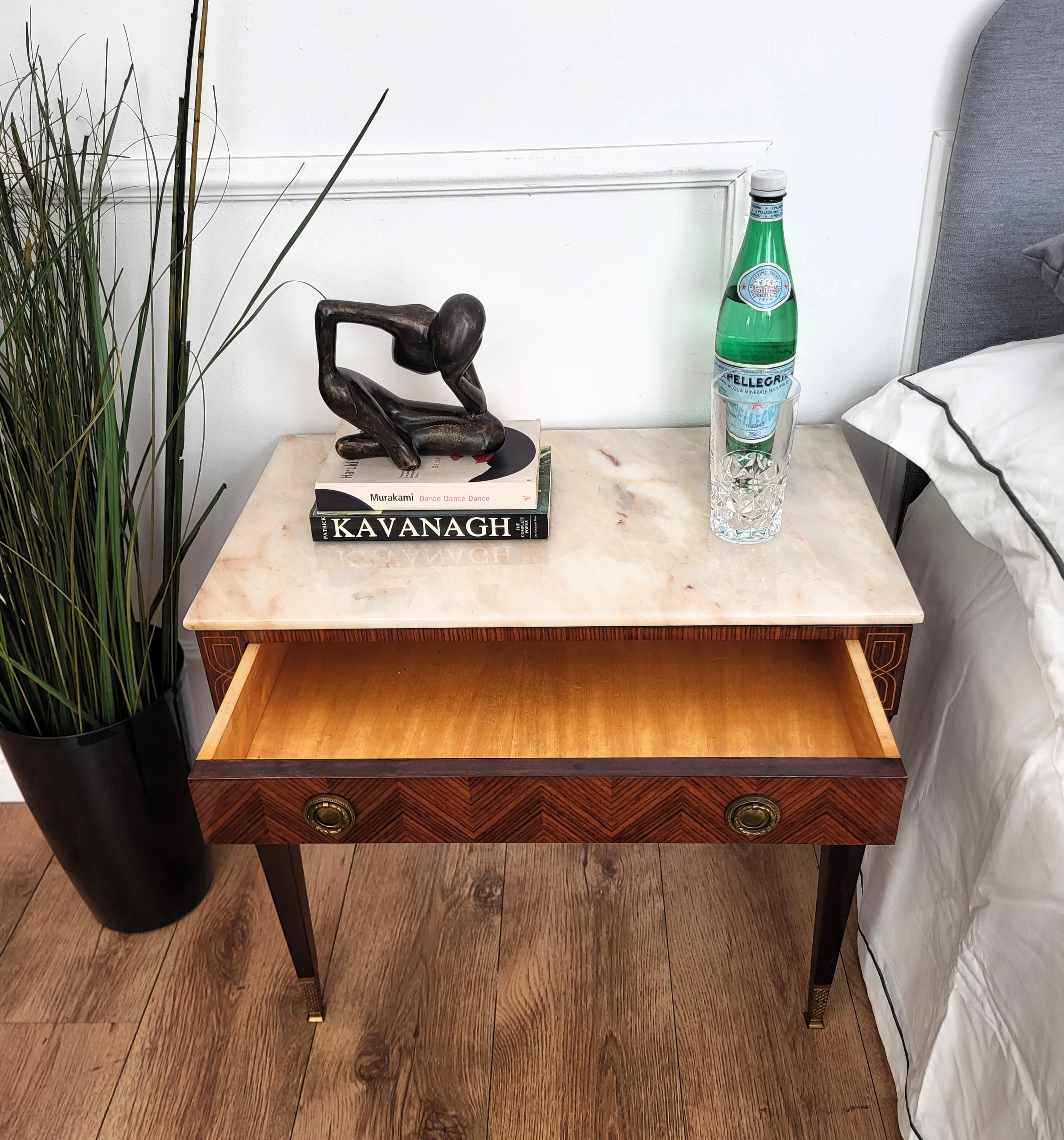 20th Century Pair of Italian Art Deco Marquetry Wood Marble Top Night Stands Bedside Tables