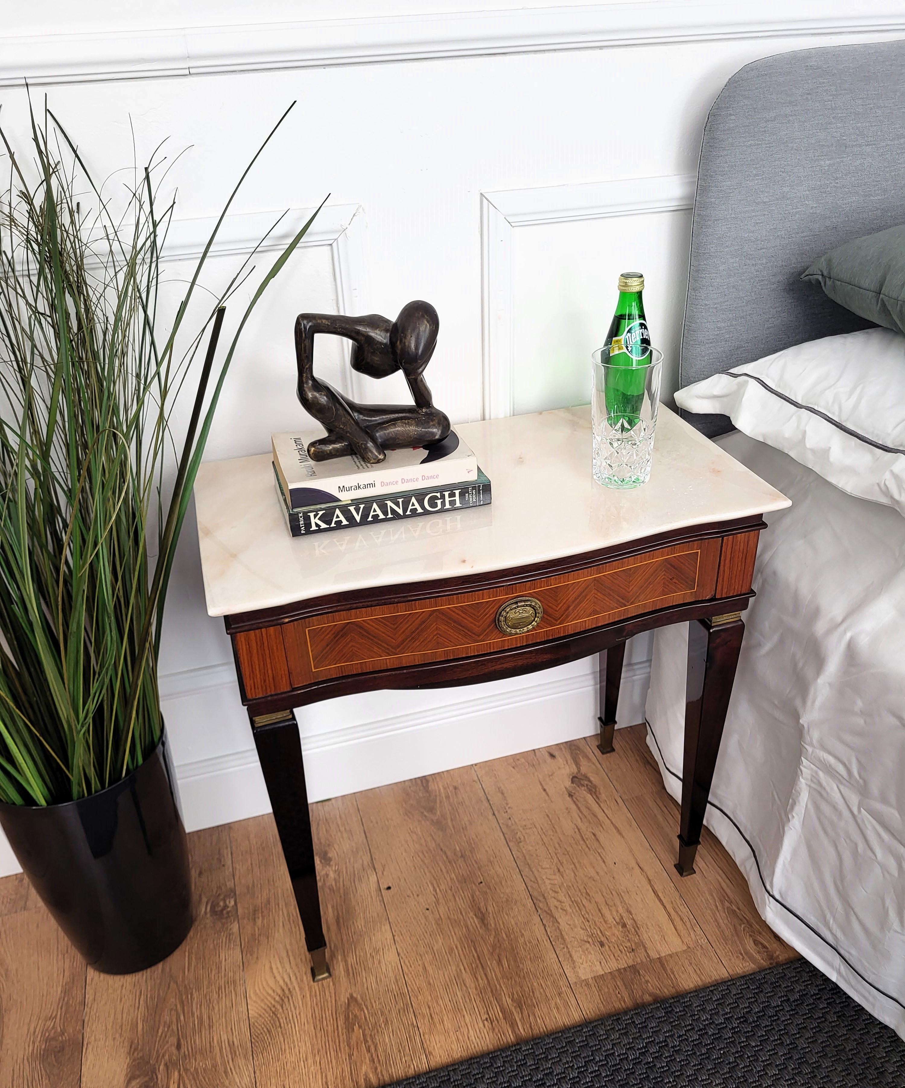 20th Century Pair of Italian Art Deco Marquetry Wood Marble Top Night Stands Bedside Tables