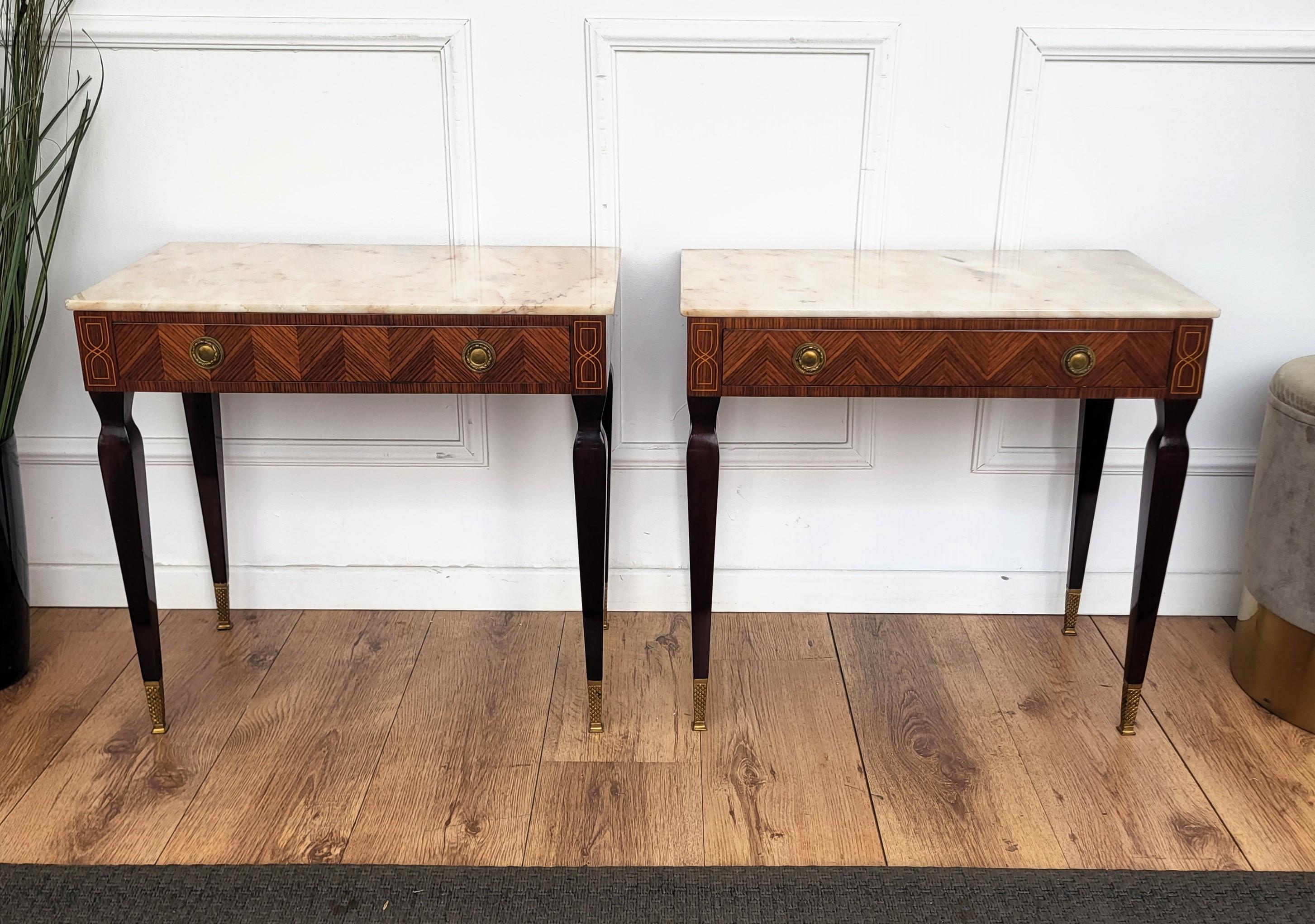 Brass Pair of Italian Art Deco Marquetry Wood Marble Top Night Stands Bedside Tables For Sale