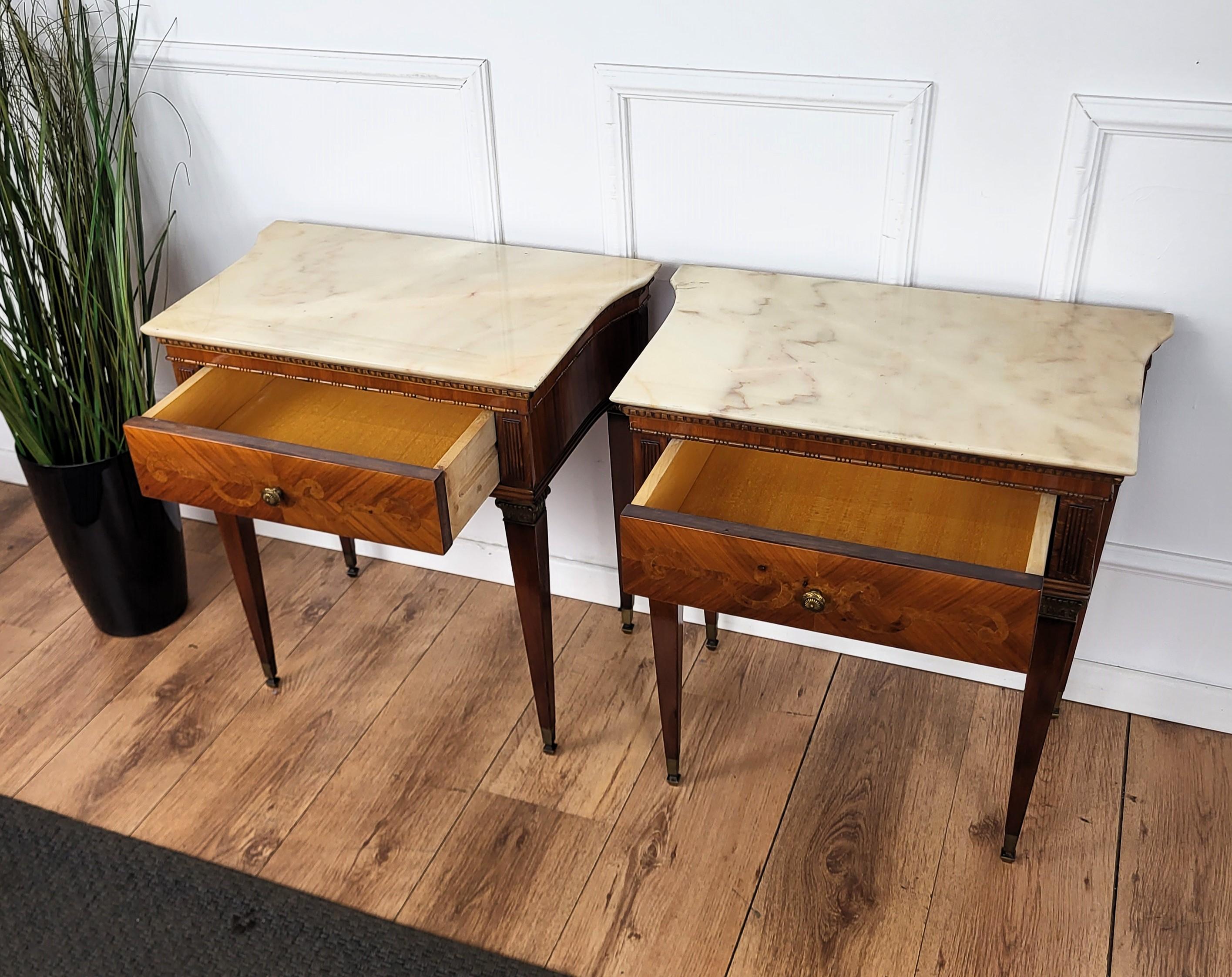 Pair of Italian Art Deco Marquetry Wood Marble Top Night Stands Bedside Tables 1