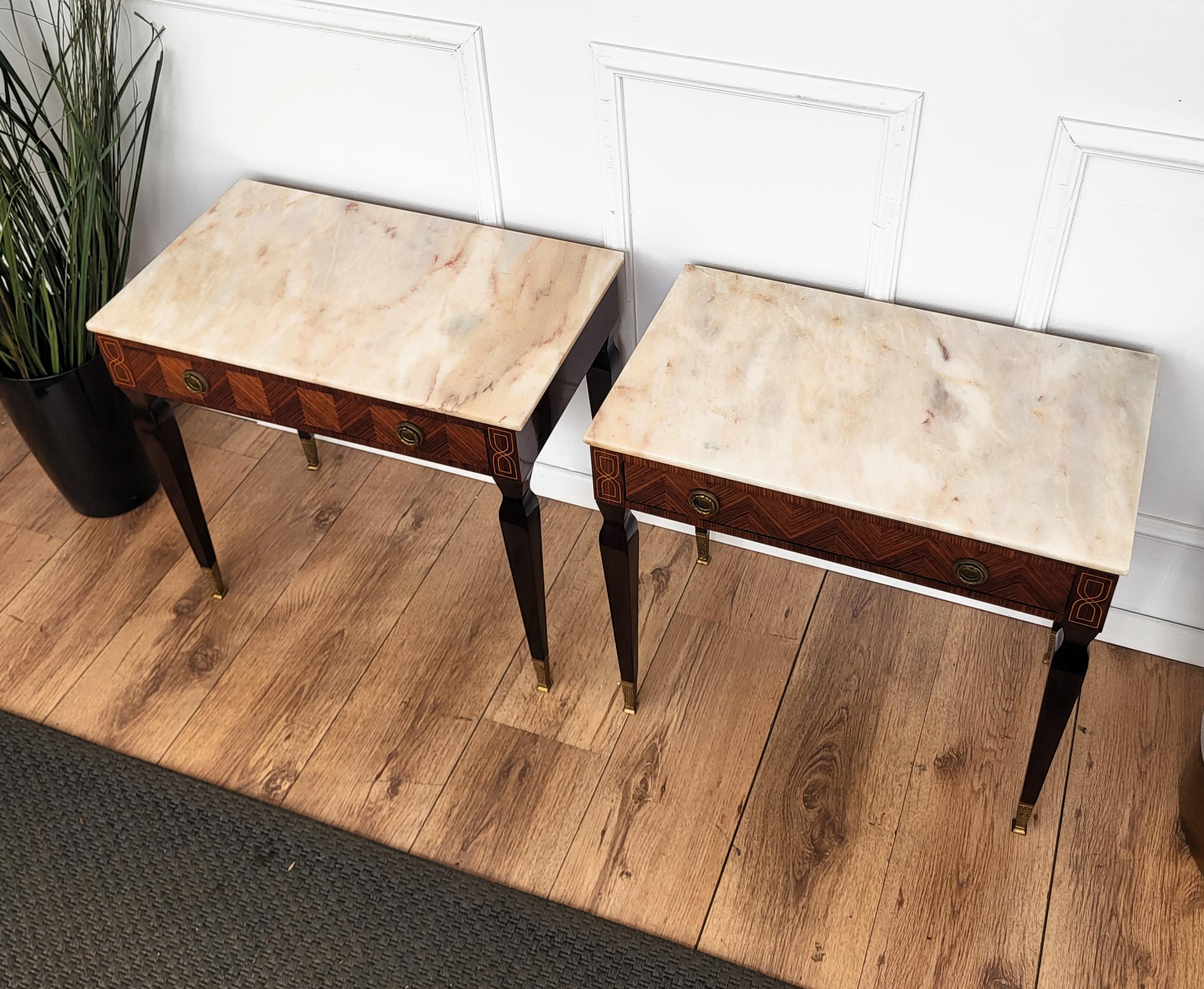 Pair of Italian Art Deco Marquetry Wood Marble Top Night Stands Bedside Tables 1