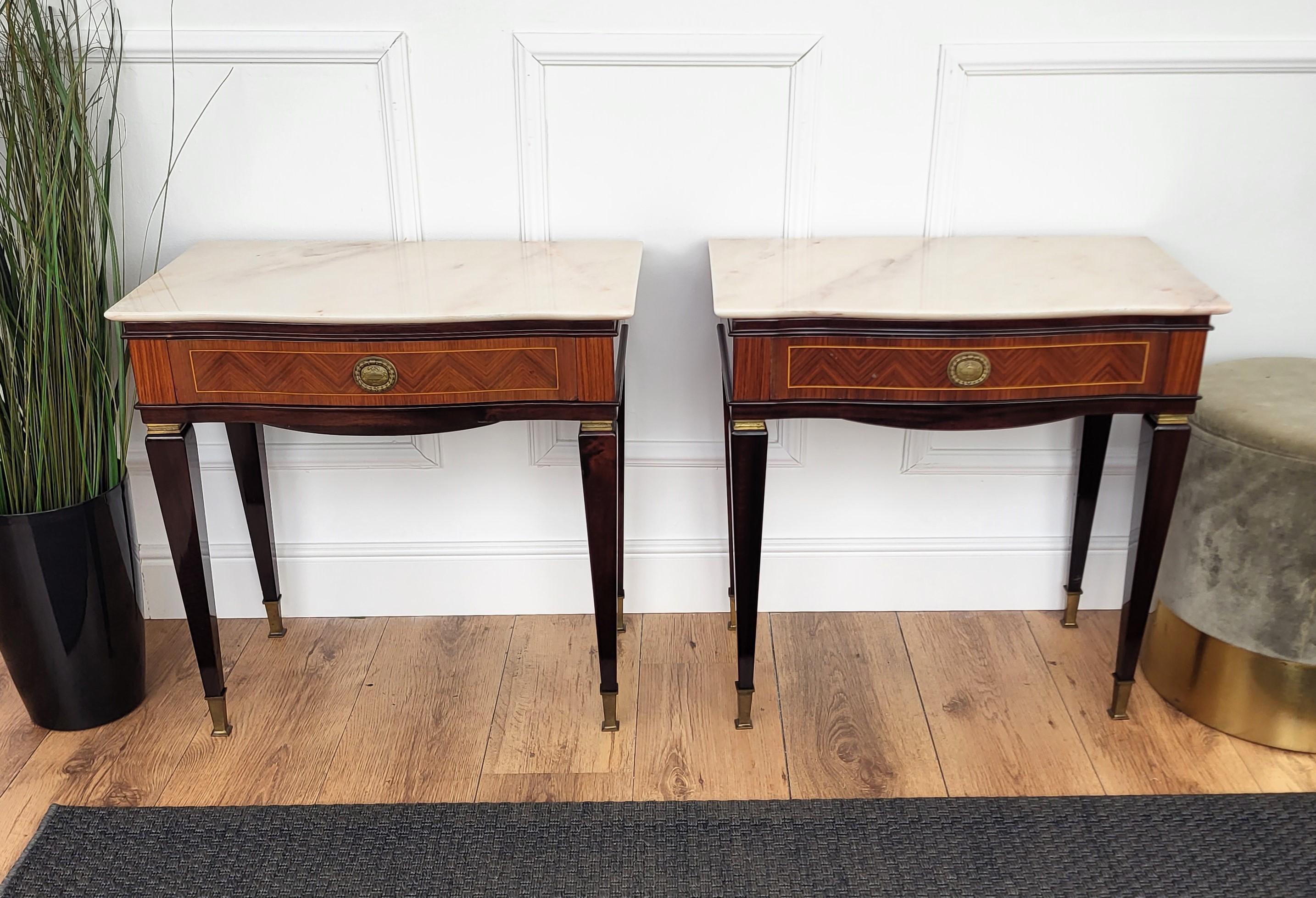 Pair of Italian Art Deco Marquetry Wood Marble Top Night Stands Bedside Tables 1