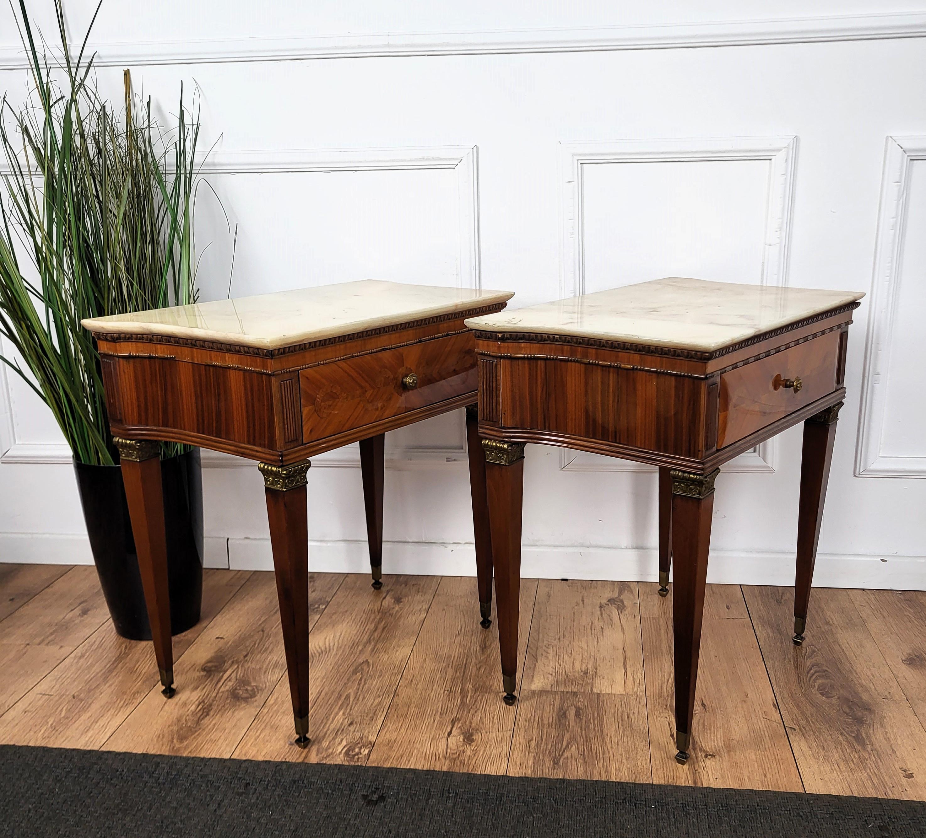 Pair of Italian Art Deco Marquetry Wood Marble Top Night Stands Bedside Tables 2