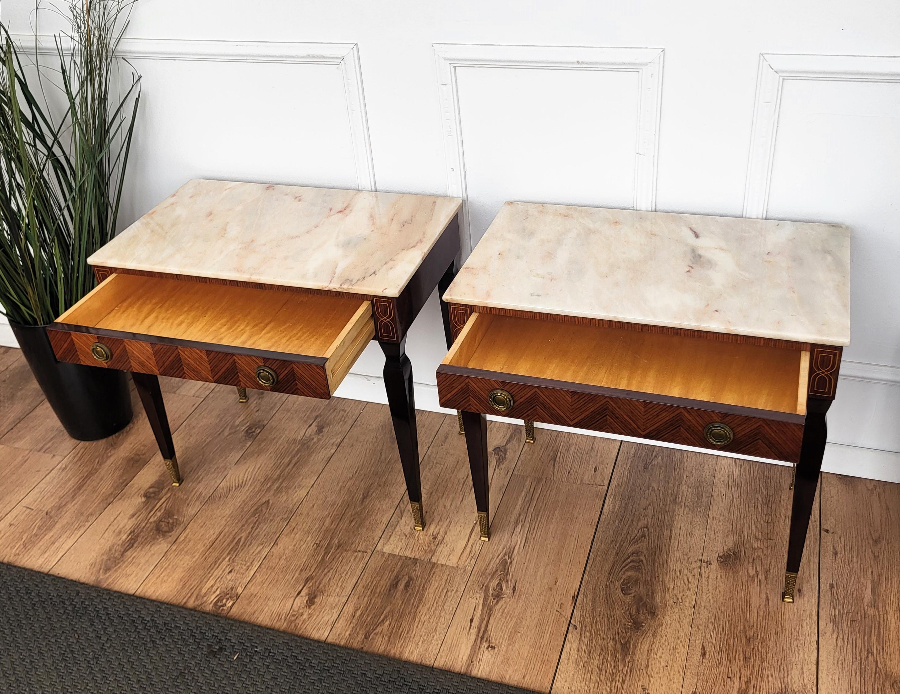 Pair of Italian Art Deco Marquetry Wood Marble Top Night Stands Bedside Tables For Sale 2